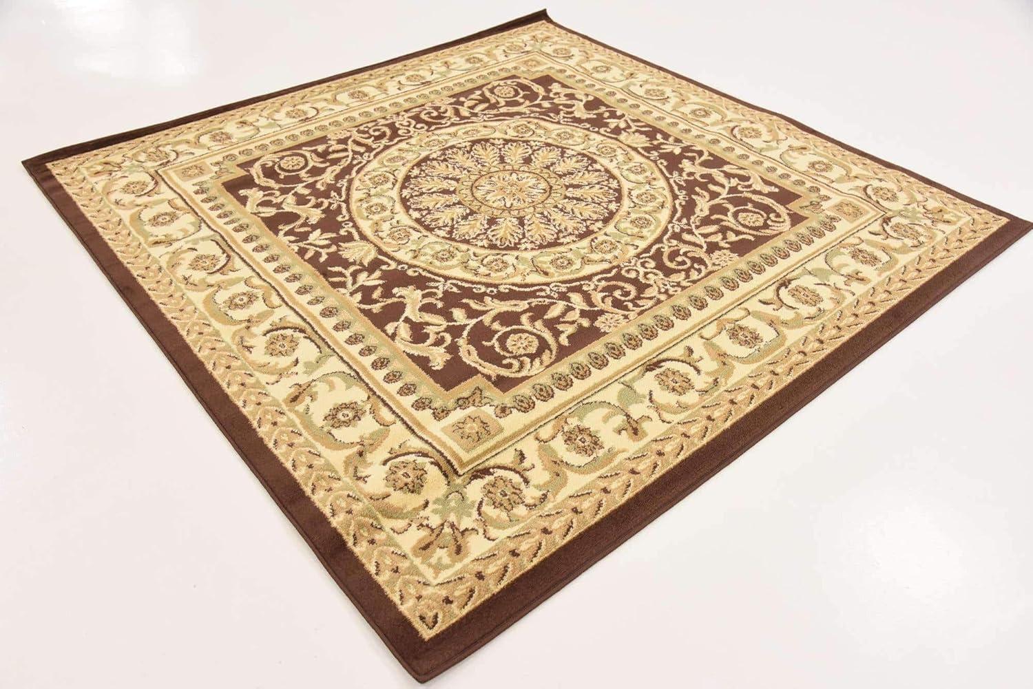 Elegant Medallion 6' Square Brown Synthetic Area Rug