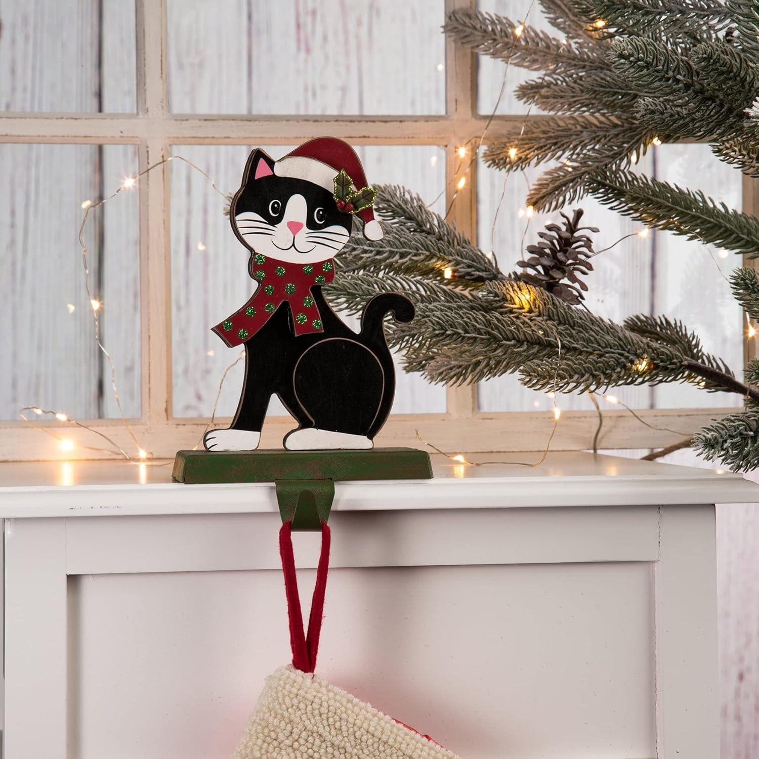 7.75" Black and Red Unique Wooden Cat Stocking Holder