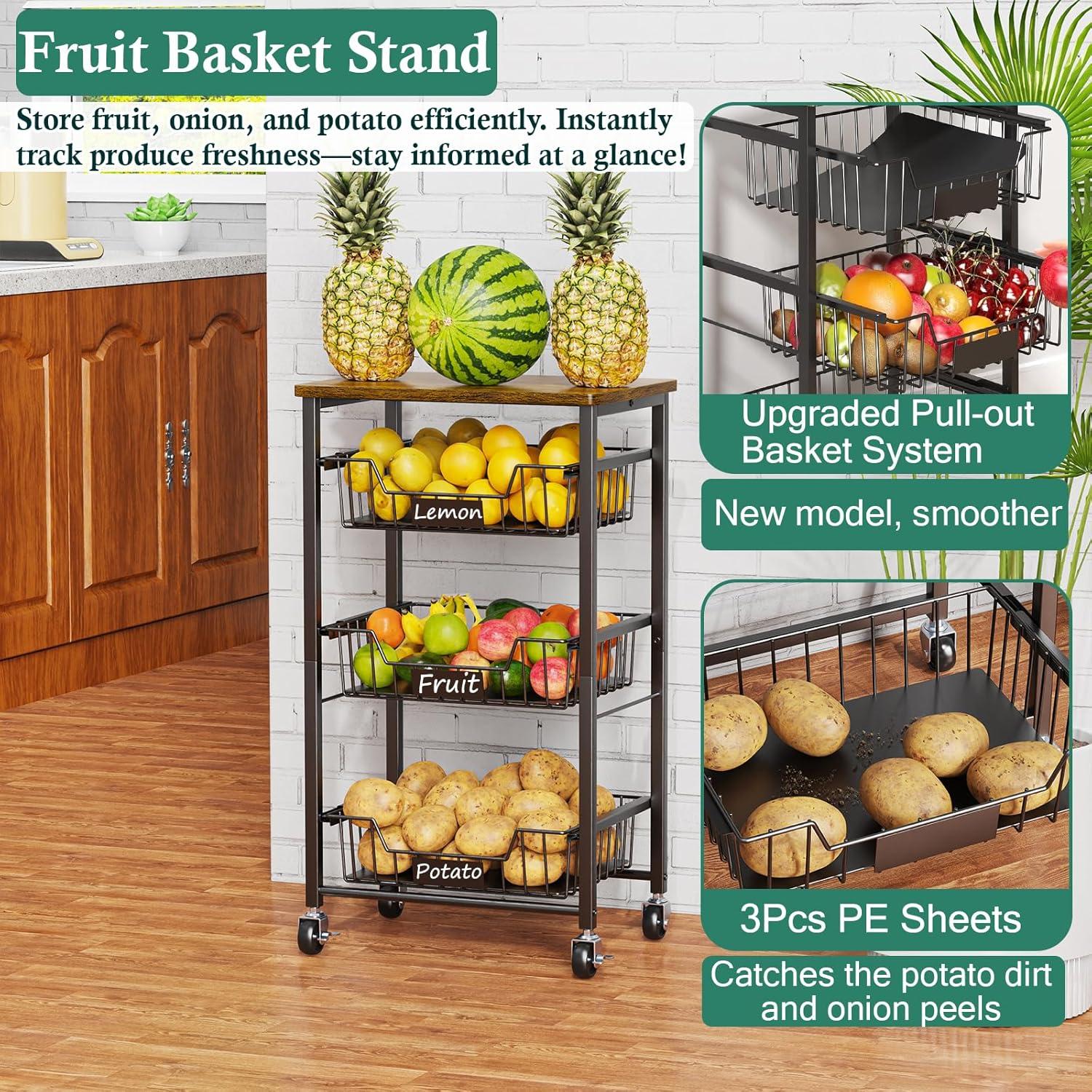 Small Kitchen Storage Cart On Wheels, Metal Fruit Basket Stand With Pull-Out Baskets & Wood Top For Potato Onion Produce Snack Veggies,(4-Tier /Black+ Rustic Board)