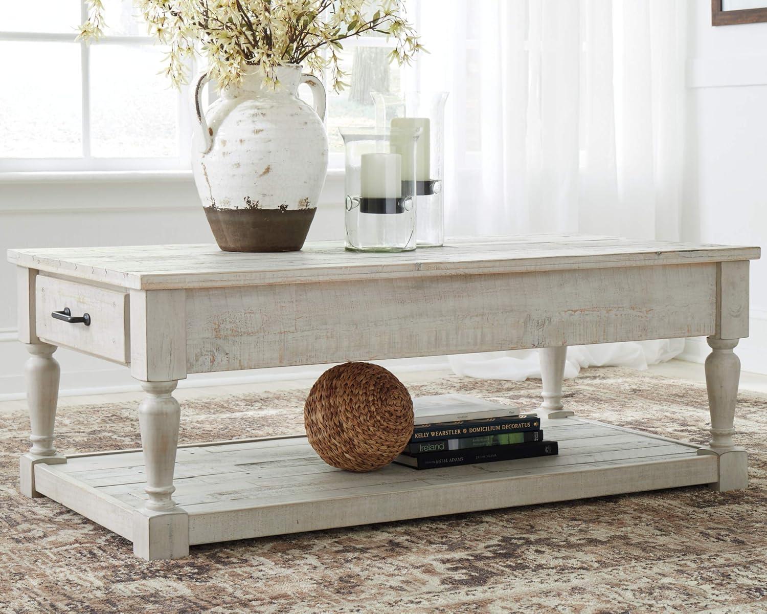 Shawnalore Rectangular Cocktail Table White Wash - Signature Design by Ashley: Solid Pine, Farmhouse Style, Storage Shelf
