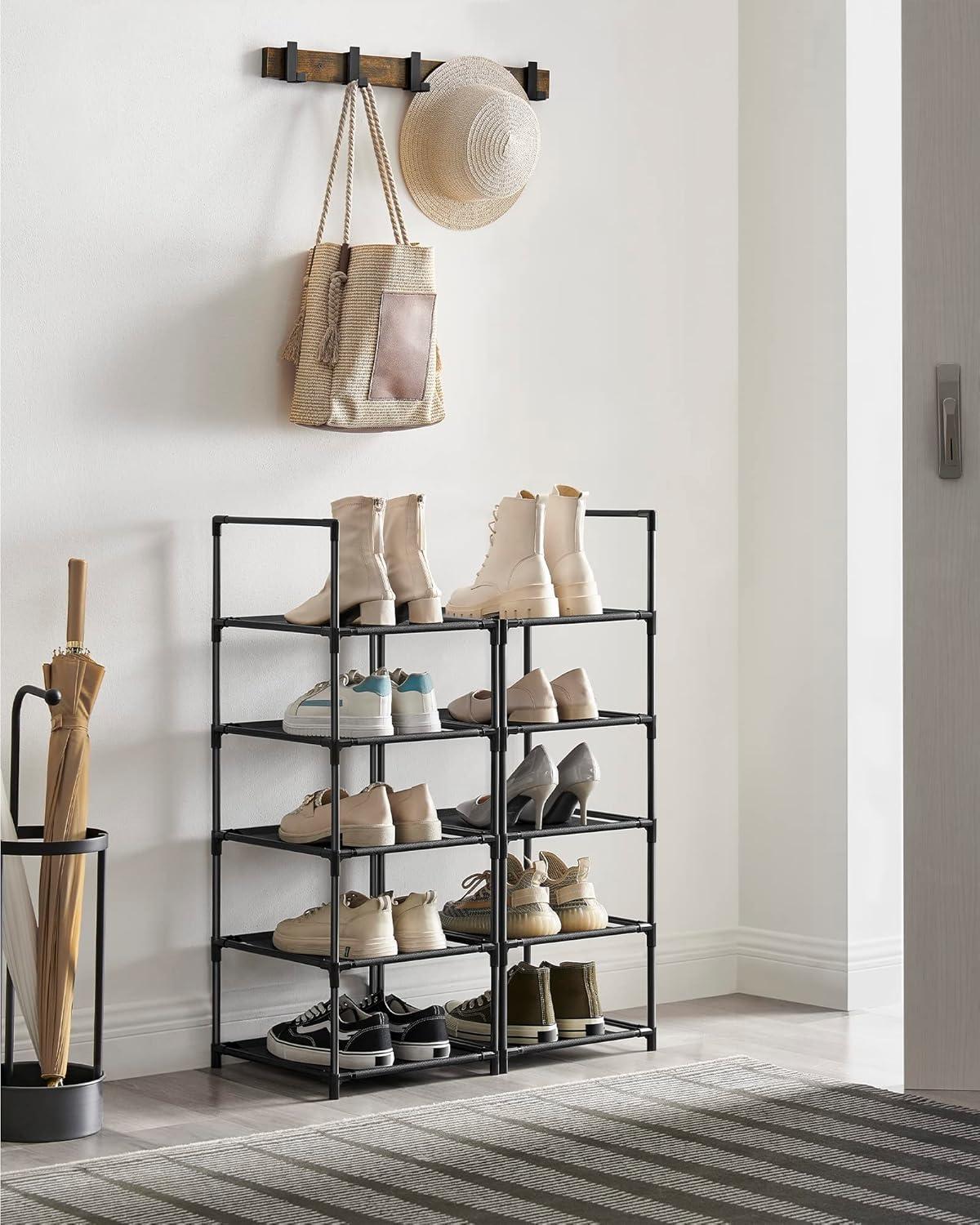 Black 10-Tier Metal and Fabric Freestanding Shoe Rack