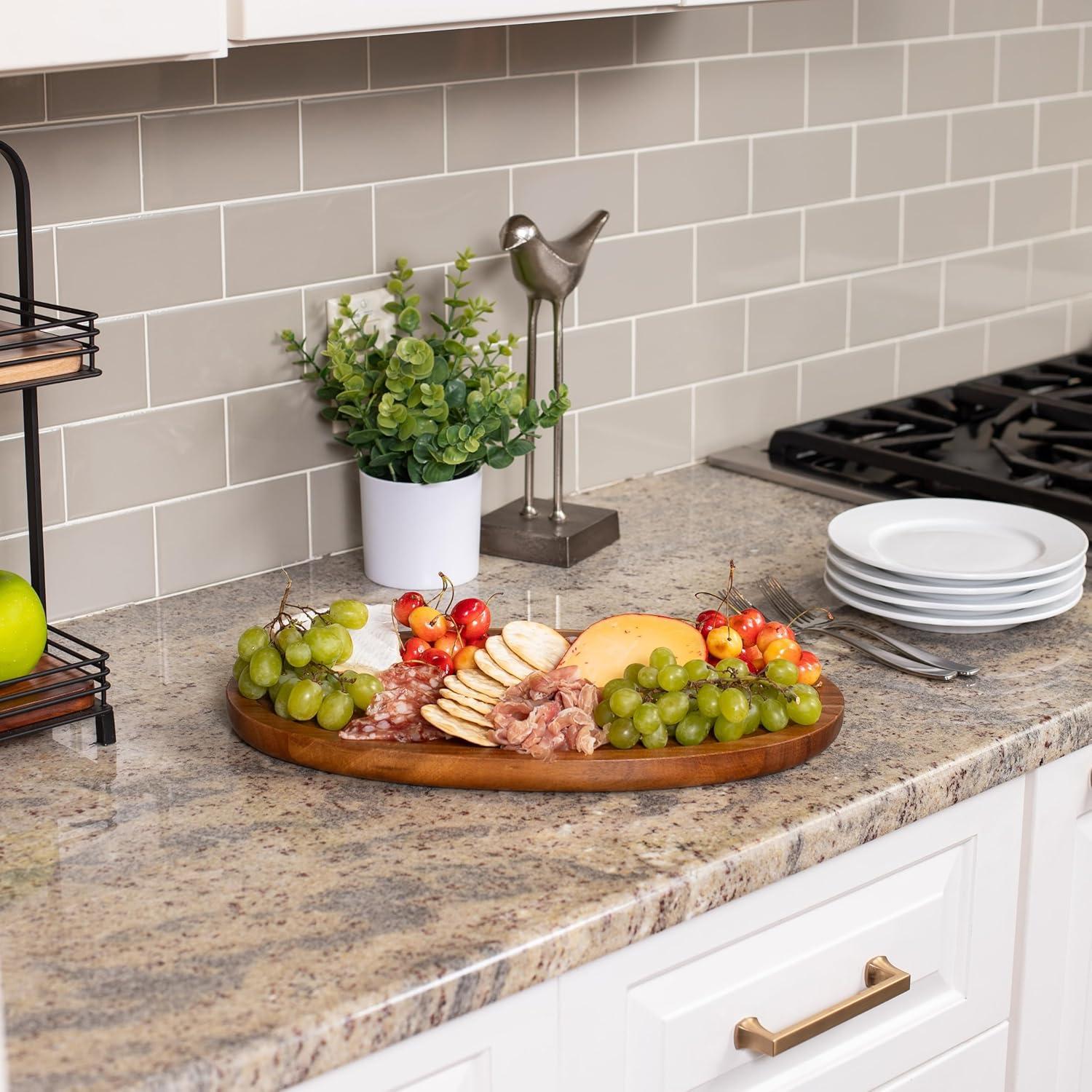 BIRDROCK HOME Acacia Wooden Cheese Serving Board with Handle - Charcuterie, Appetizers, Kitchen Platter, Grazing Board, Pizza, Meat, Bread, Cutting, Party, Food Display Tray - Espresso, 16.5", Oval