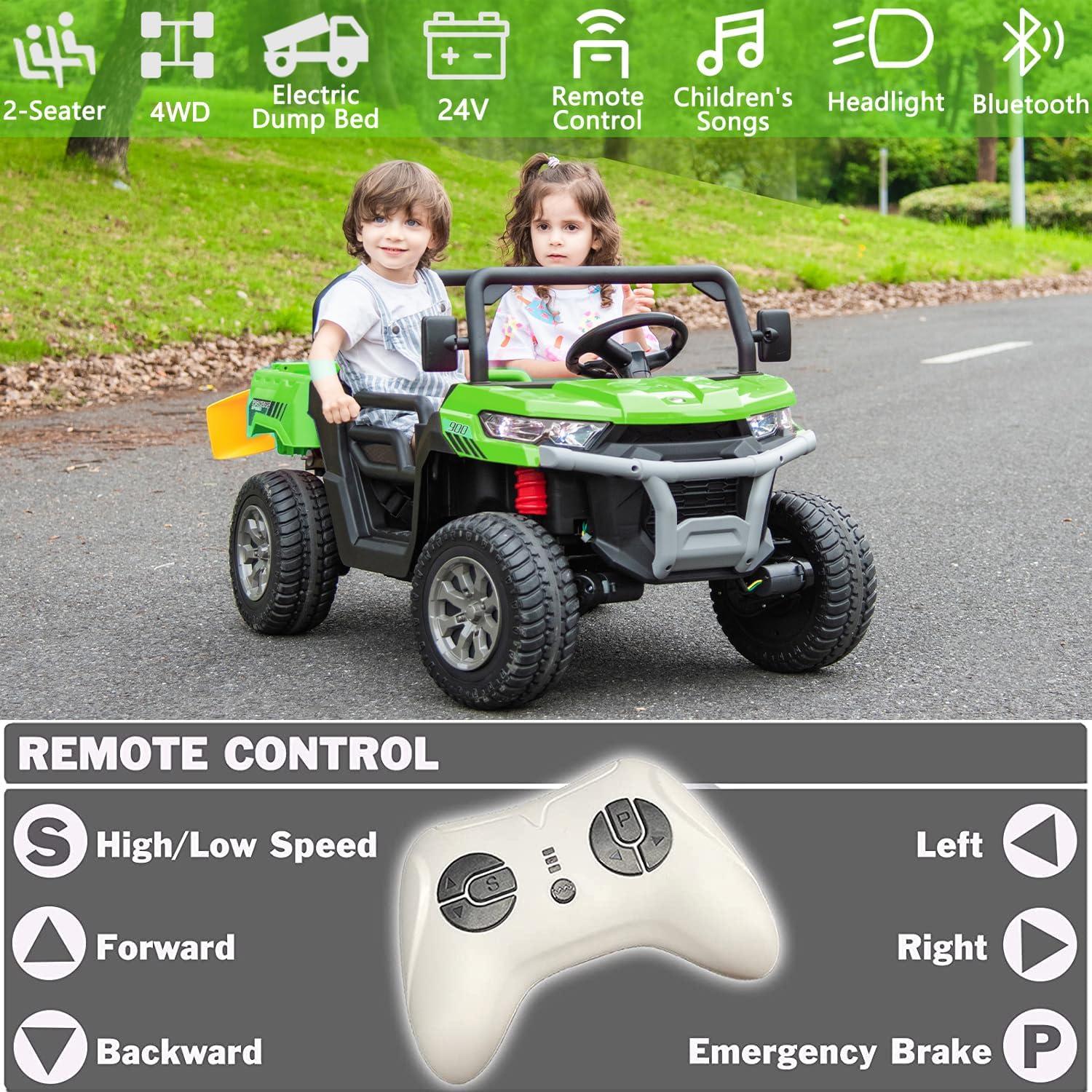 24V Ride on UTV Car, 2 Seater Kids Electric Powered Ride on Toys Dump Truck with Trailer Remote Control, Green