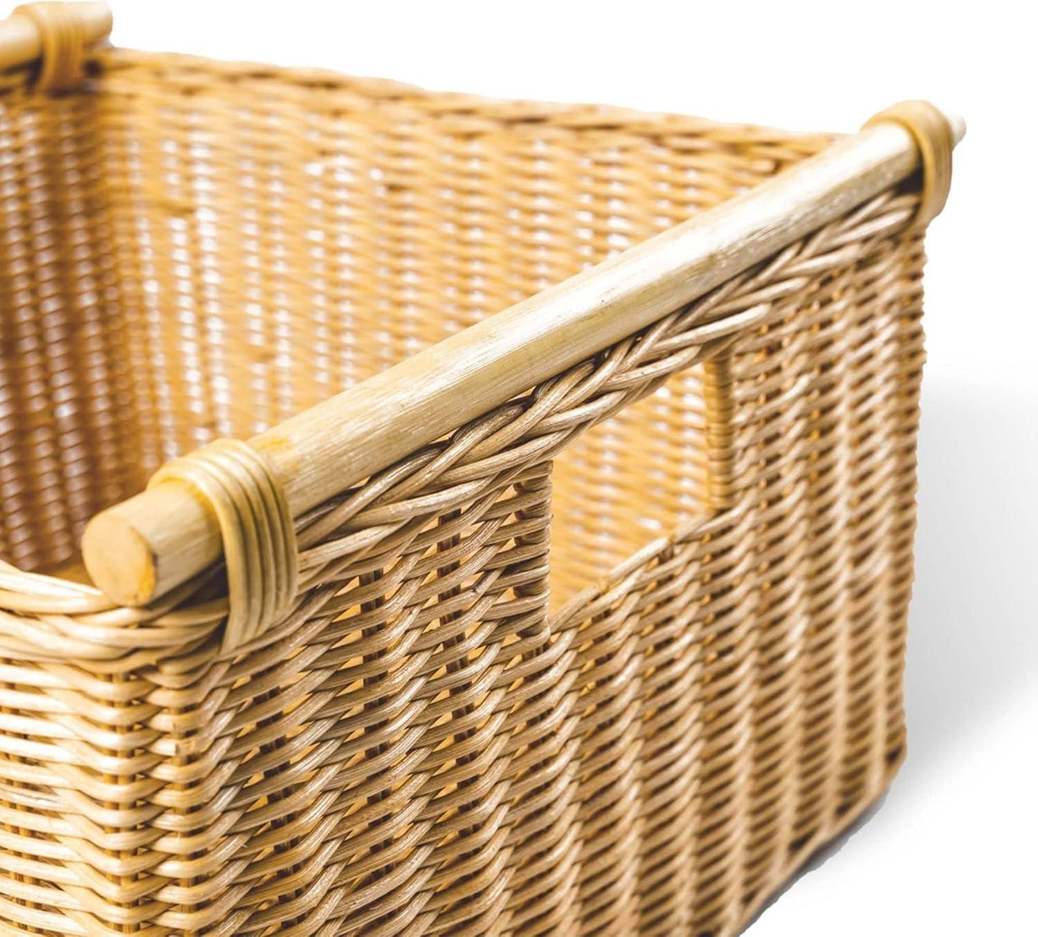 Drevy Deep Pole Handle Wicker Storage Basket, Large, 15 in L x 15.5 in W x 9.5 in H, Sandstone