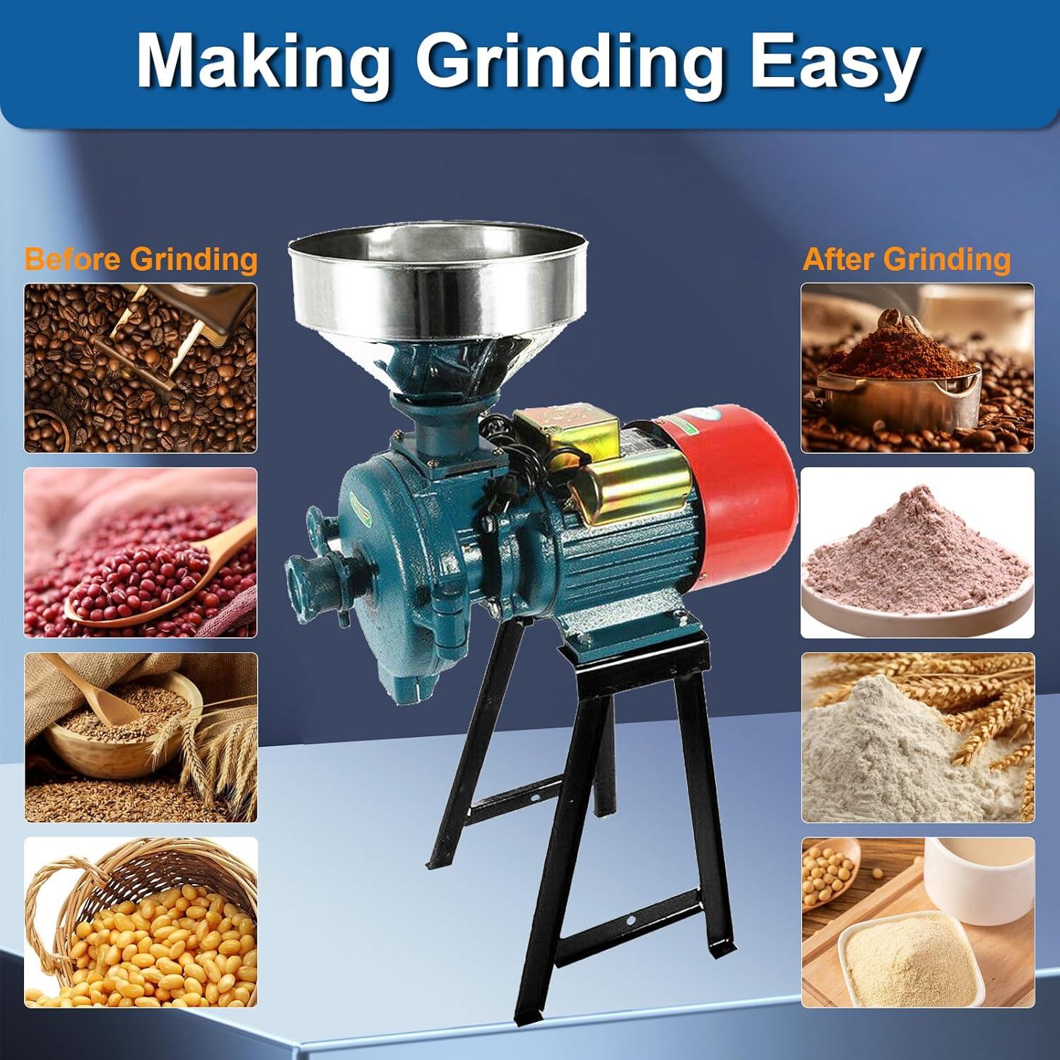 Grain Mills, Upgraded 3000W Wet Dry Cereals Grinder Electric Grain Grinder Corn Mill Heavy Duty 110V Commercial Grain Grinder Machine With Funnel