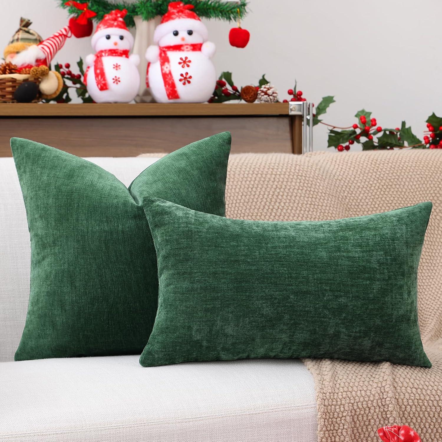 Green Chenille 18x18 Inch Decorative Pillow Covers, Pack of 2