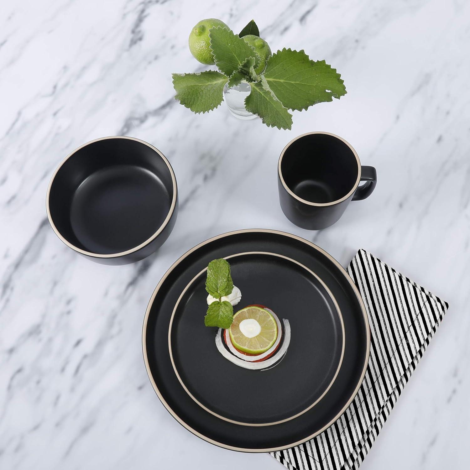 Zuma Matte Black 16-Piece Modern Ceramic Dinnerware Set, Service for 4