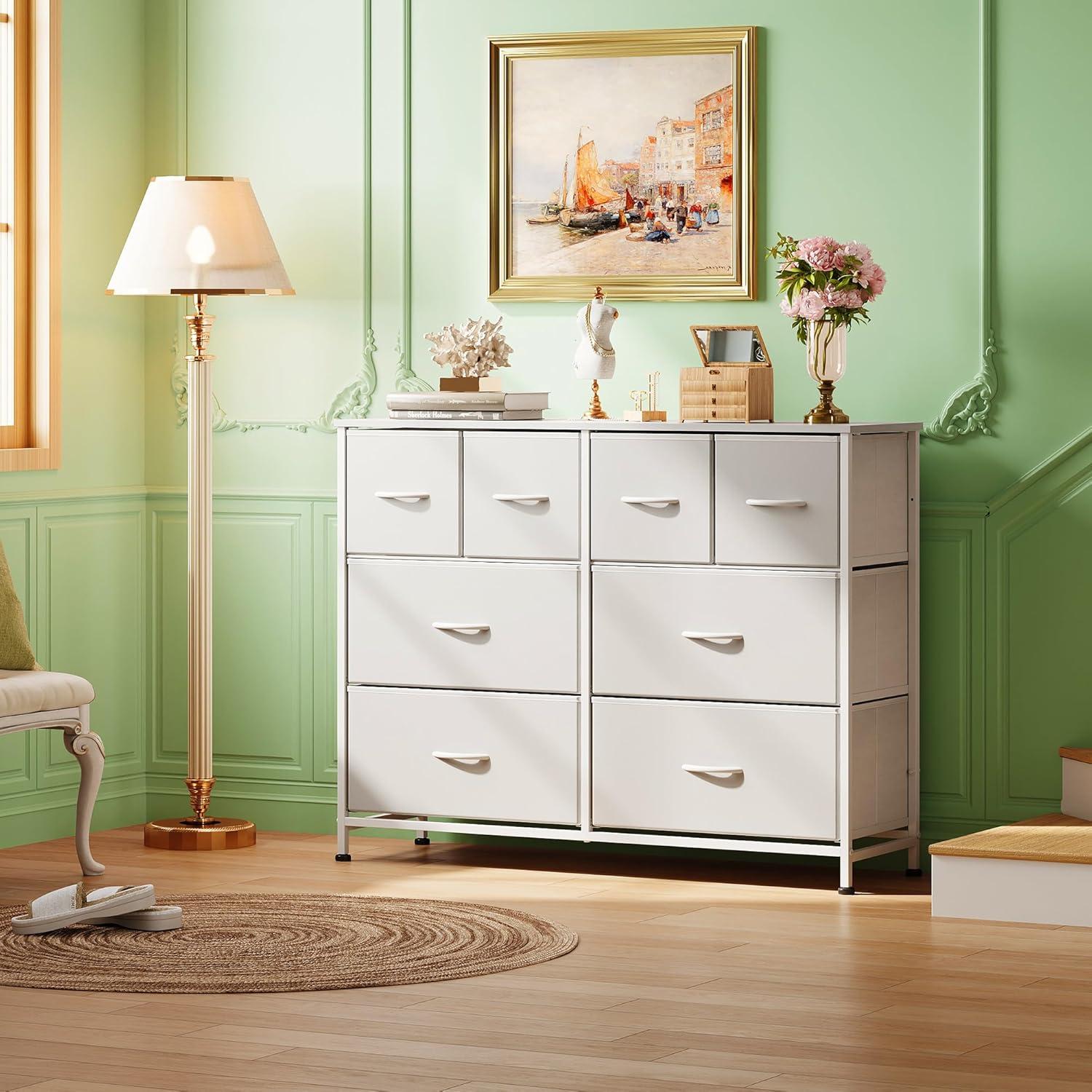 White Steel and Fabric 8-Drawer Bedroom Dresser