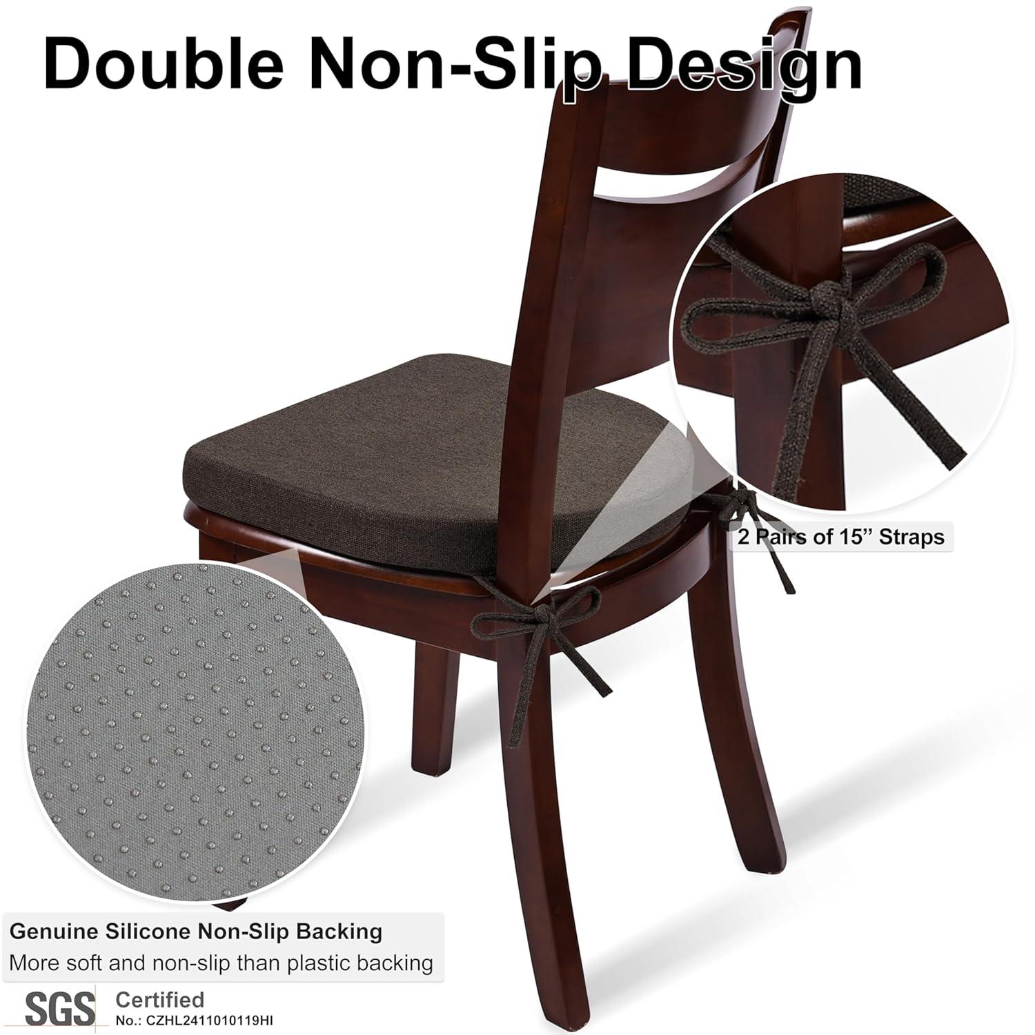 Shinnwa Kitchen Chair Cushions Set of 4, Non-Slip Dining Chair Cushions with Ties and Machine Washable Cover, 4 Pack, 17 x 16.5 x 2in, Dark Brown