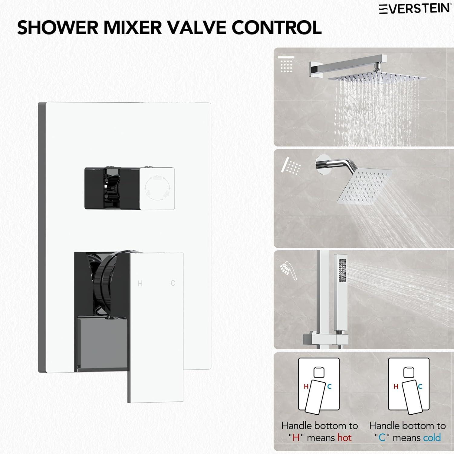 EVERSTEIN DualJetSpa 10-Inch High-Pressure Rainfall Shower Faucet with Handheld Spray, Wall Mount Dual Showerheads System with Slide Bar and Rough-in Valve SFS-1059-CH10
