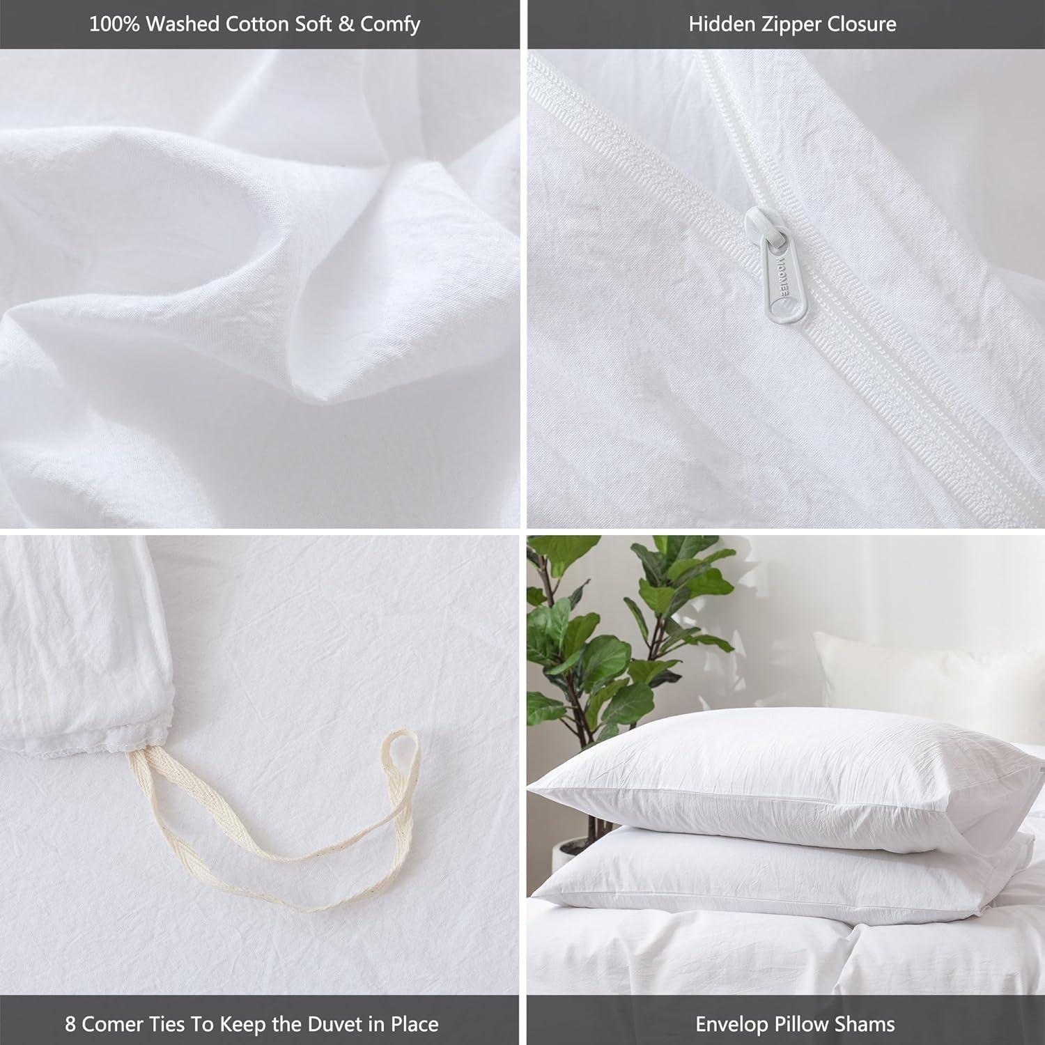 QUALITY FLOORING INC. Bedding Duvet Cover Set 100% Washed Cotton Linen Like Textured Breathable Durable Soft Comfy (Off White, King)