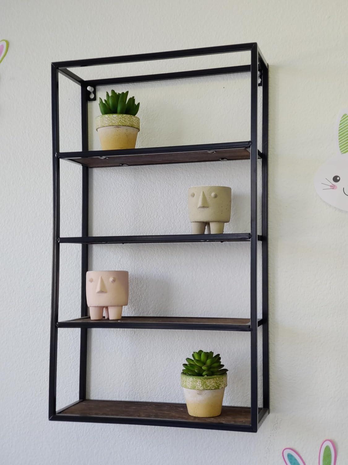 27" Rustic Brown Wood and Black Metal 4-Tier Wall Shelf