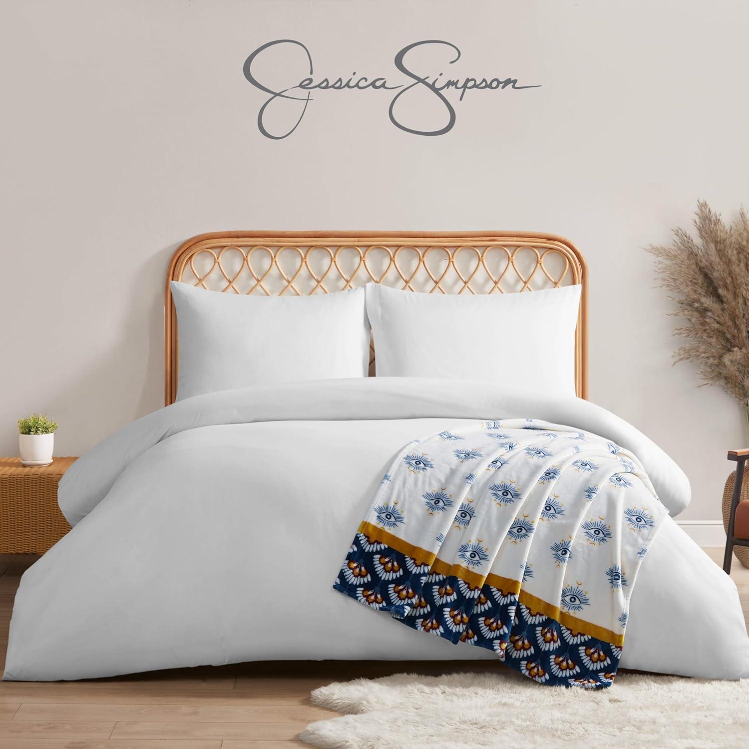 Jessica Simpson Plush 50"X70" Throw Blanket - Celeste White/Navy - Luxurious Plush Blanket for Ultimate Comfort and Cozy Warmth