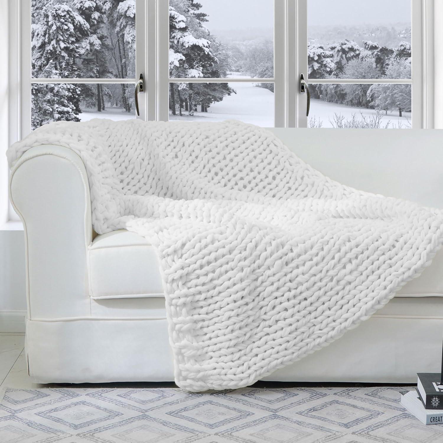 Ultra Plush White Chunky Knit Throw Blanket