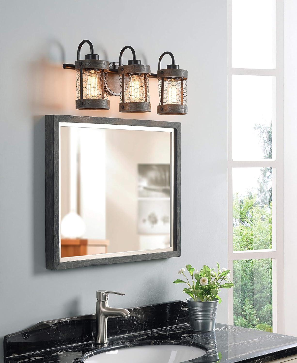Co-t Kenroy Home Industrial Farmhouse 3-Light Bath Vanity Fixture With Chicken Wire Mesh Shades & Distressed Wood Accents