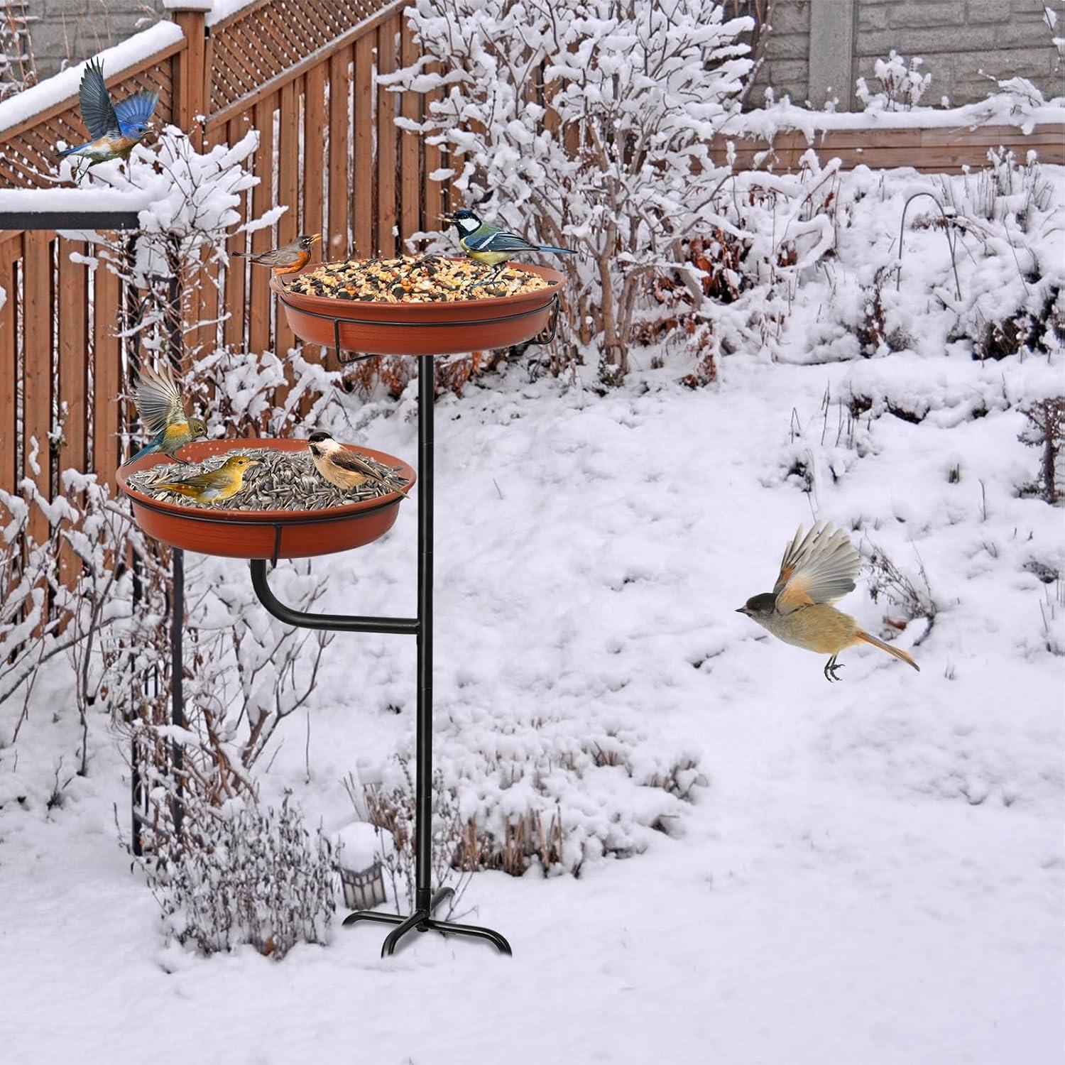 Freestanding Birdbaths Bowl Outdoor, Free Standing Garden Bird Bath Bird Feeder Bowl with Metal Stake, Detachable Decoration Spa Birdfeeder for Garden Patio Yard Lawn, 4 Spiky Feet (Brown)