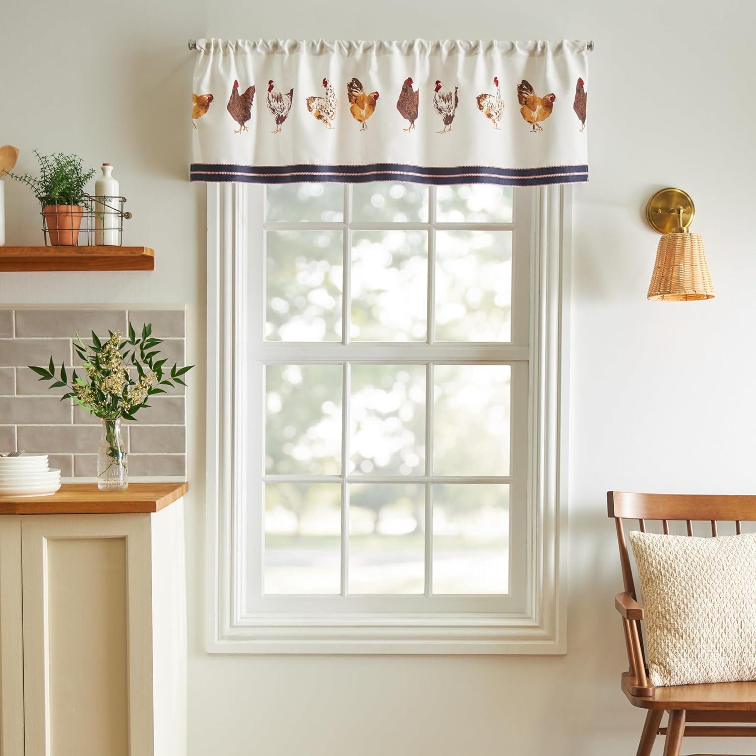 Chickens Light Filtering Rod Pocket Kitchen Curtain Valance and Tiers Set in Navy/White