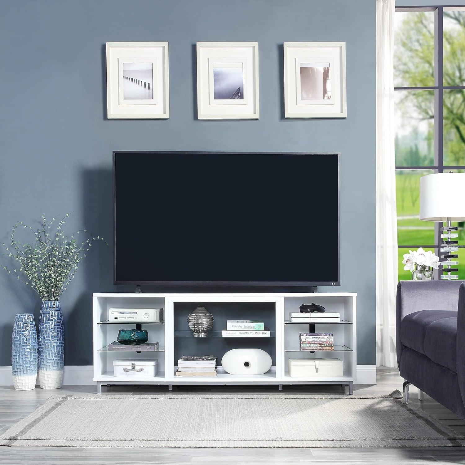 Brighton TV Stand for TVs up to 56" White - Manhattan Comfort: Modern Media Console with Open Glass Shelves & Cable Management