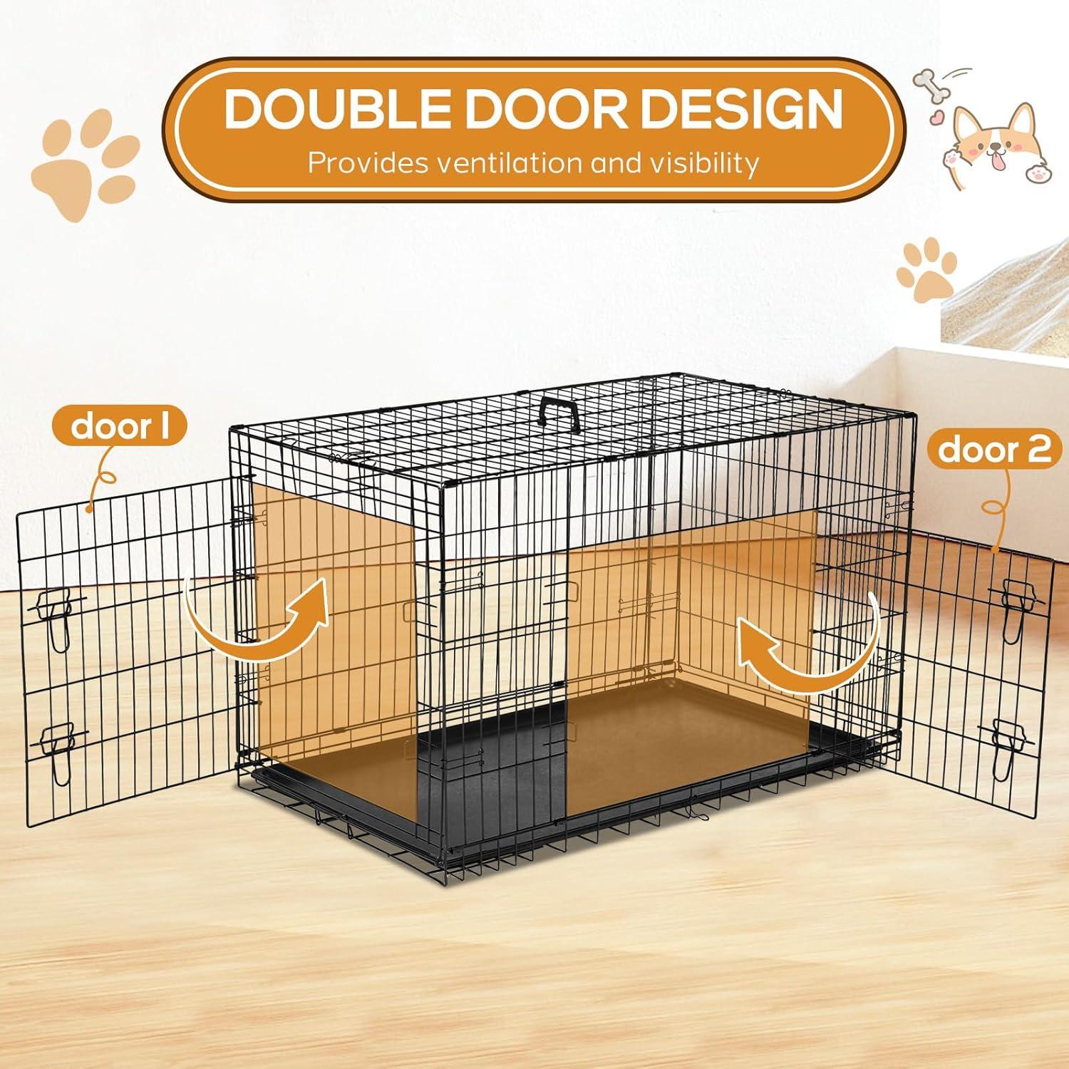 EDX Small Dog Crate with Divider Panel, 24" Double Door Folding Metal Wire Dog Cage with Plastic Leak-Proof Pan Tray