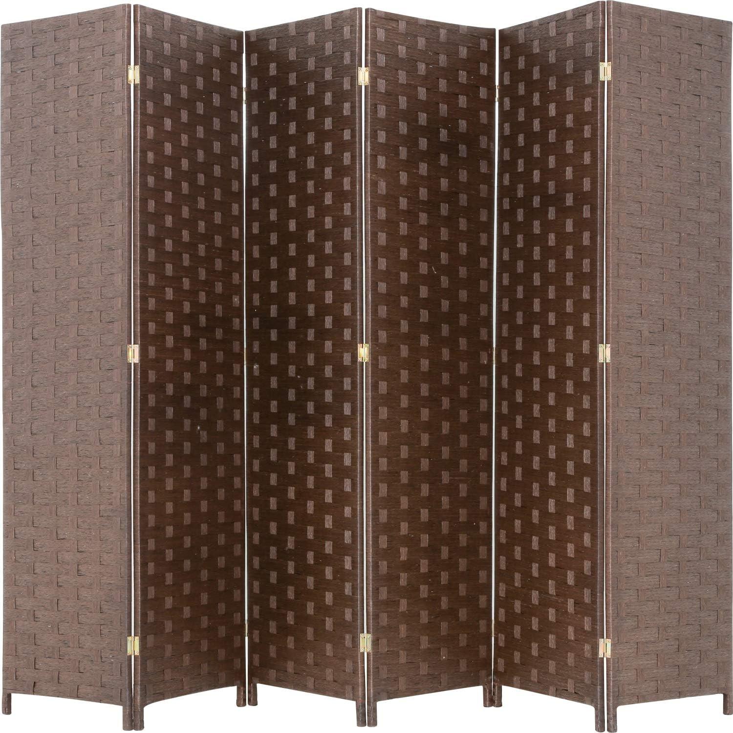 6 Panel  Room Dividers Folding Privacy Screen Partitions Room Dividers Wall Foldable Screen Portable Wood Mesh Woven Design Room Separator Screen for Home Office Bedroom Living Room, Brown