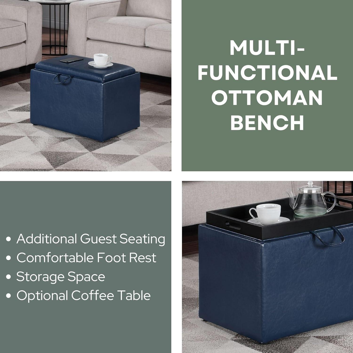 Convenience Concepts Designs4Comfort Accent Storage Ottoman with Reversible Tray, Blue Faux Leather