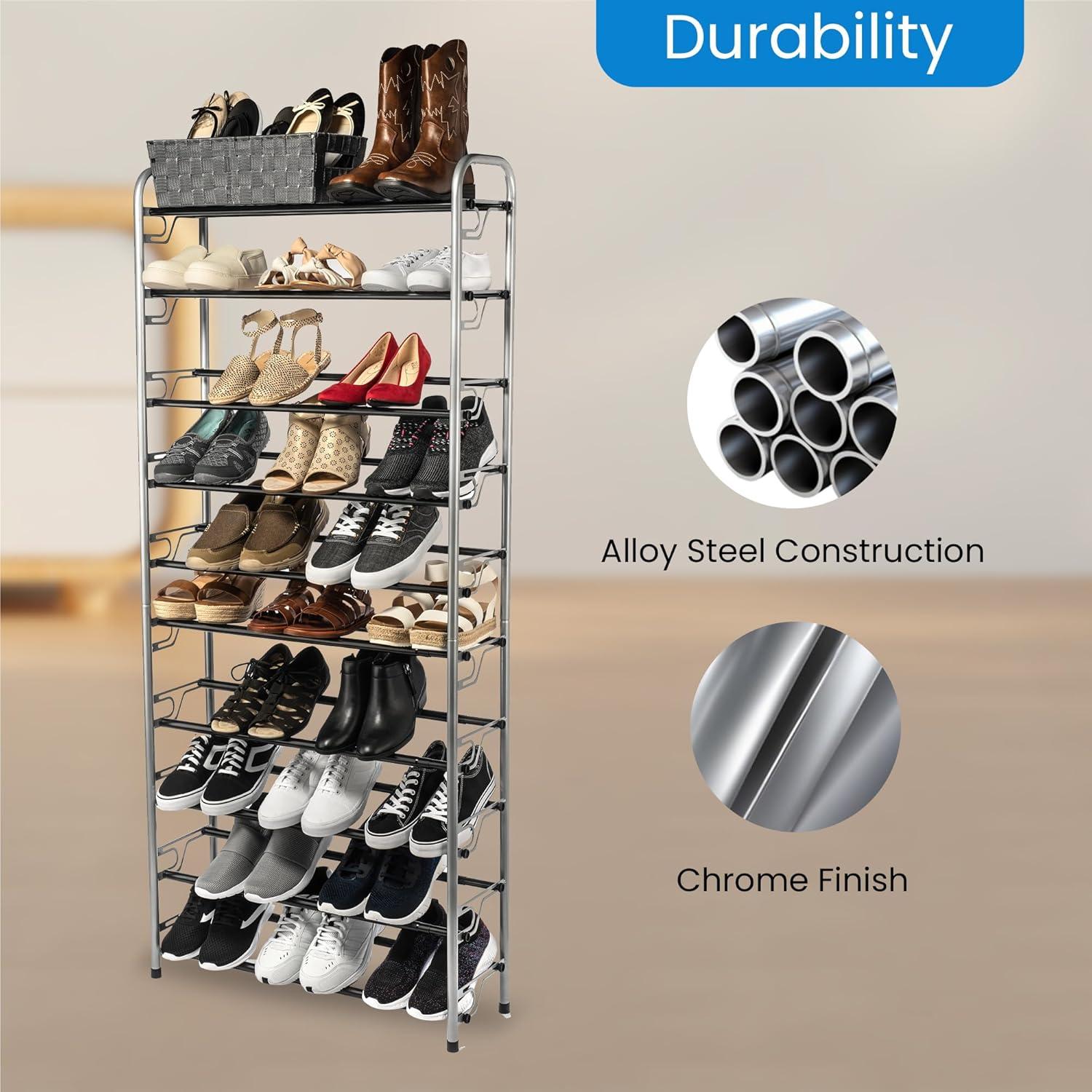 Tall Silver and Black Metal 10-Tier Shoe Rack