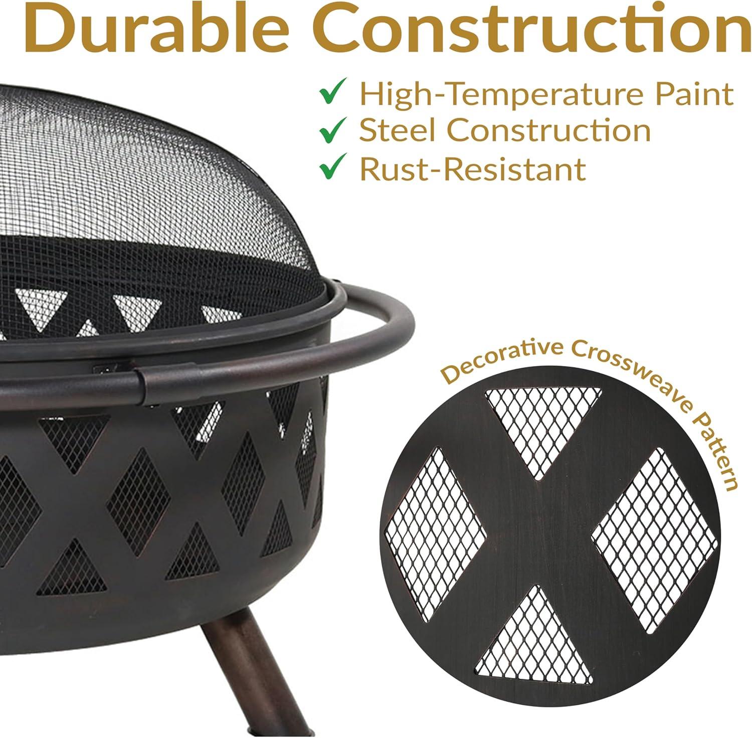 Sunnydaze Outdoor Camping or Backyard Round Crossweave Cut Out Fire Pit with Spark Screen, Log Poker, and Cover - 36"