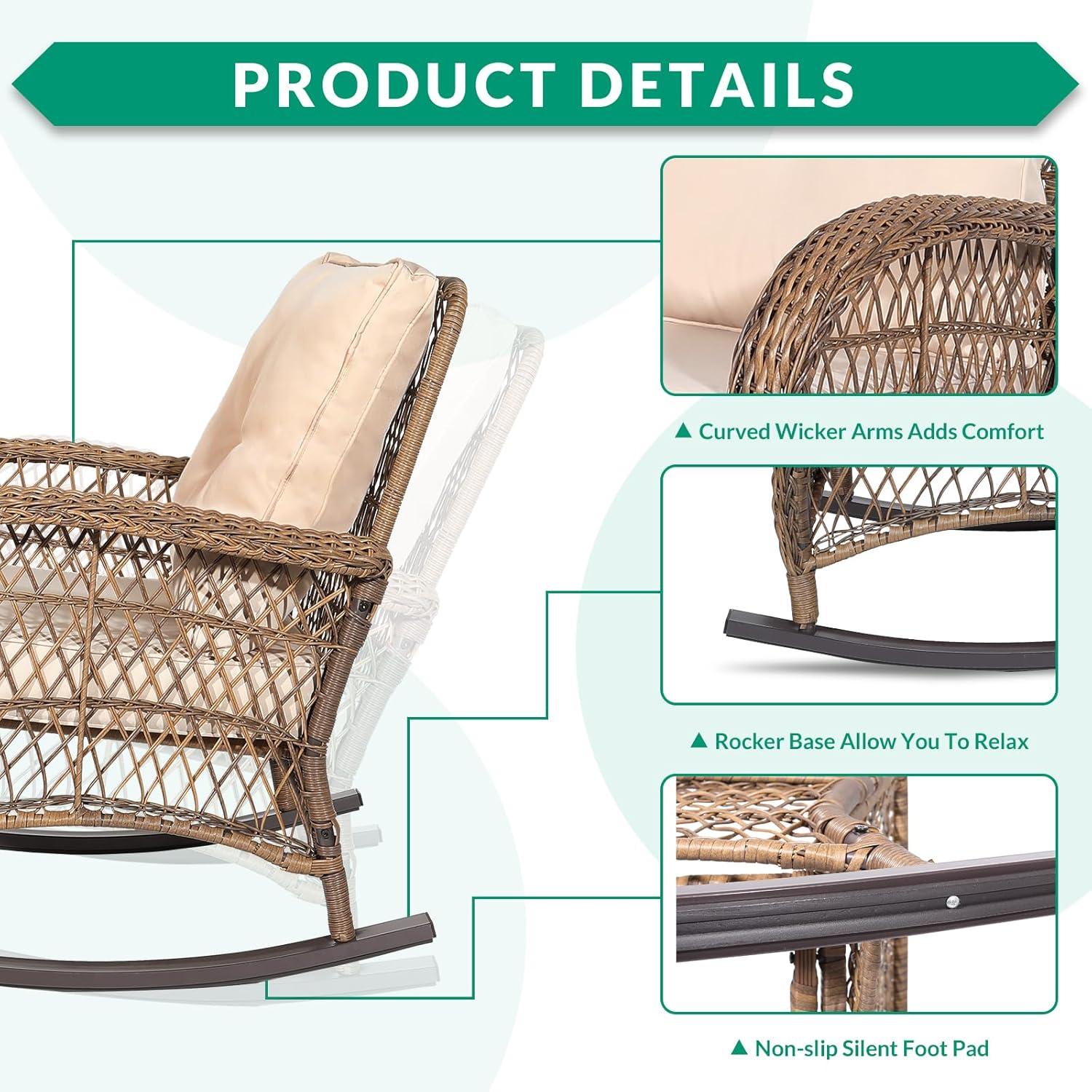 VIVIJASON 2 Piece Patio Wicker Rattan Rocker Chair, Outdoor Rattan Rocker Chair with Cushions & Steel Frame, All-Weather Rocking Lawn Wicker Furniture for Garden Backyard Porch (Beige)