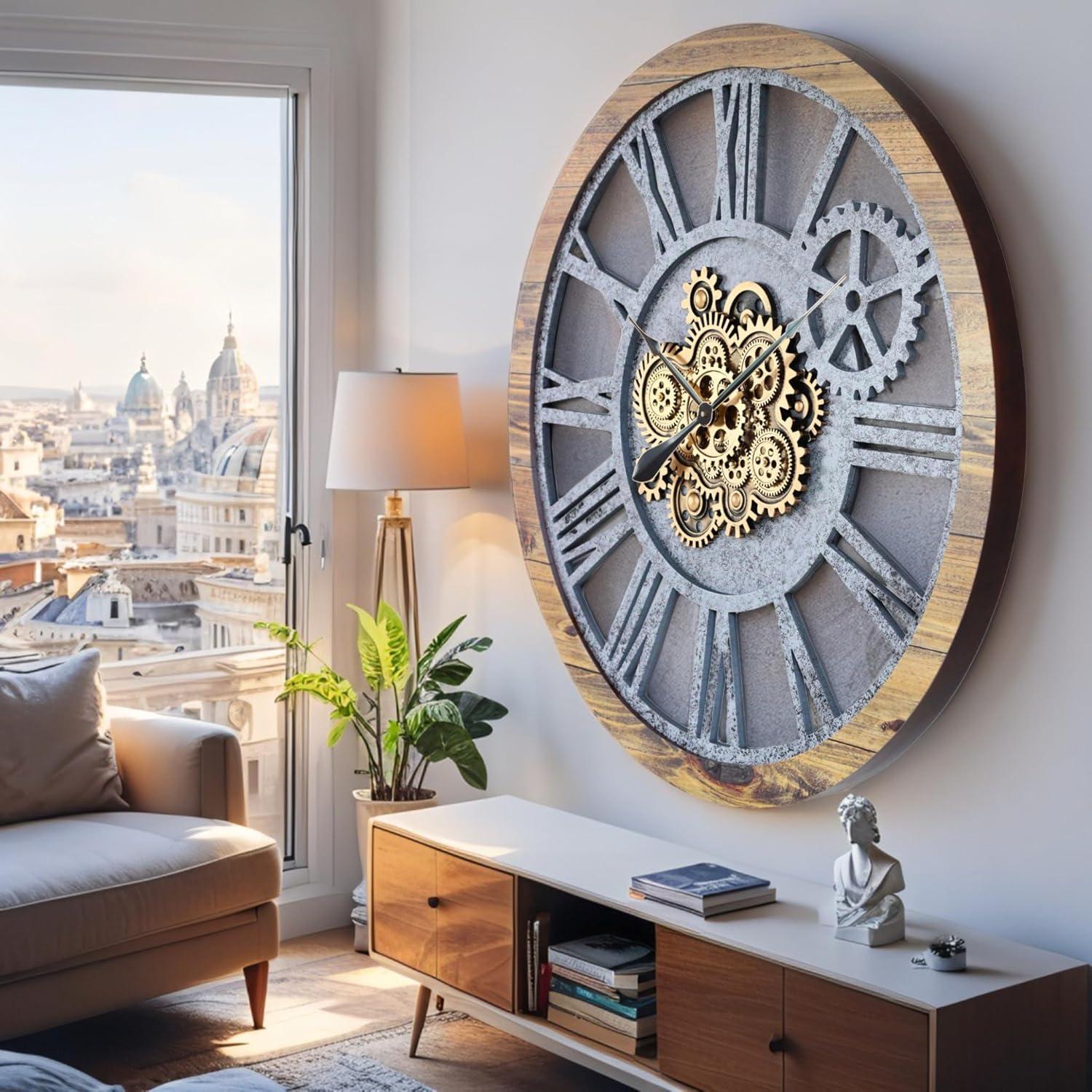The Gears Clock Wall Clock 36" Round Oversized for Living Room decor with Real Moving Gears America Collection