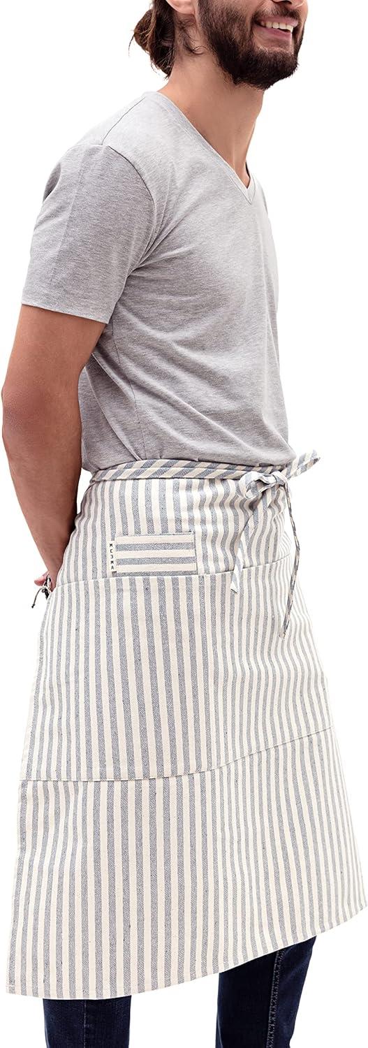 Denim Striped Upcycled Cotton Bistro Apron with Pockets