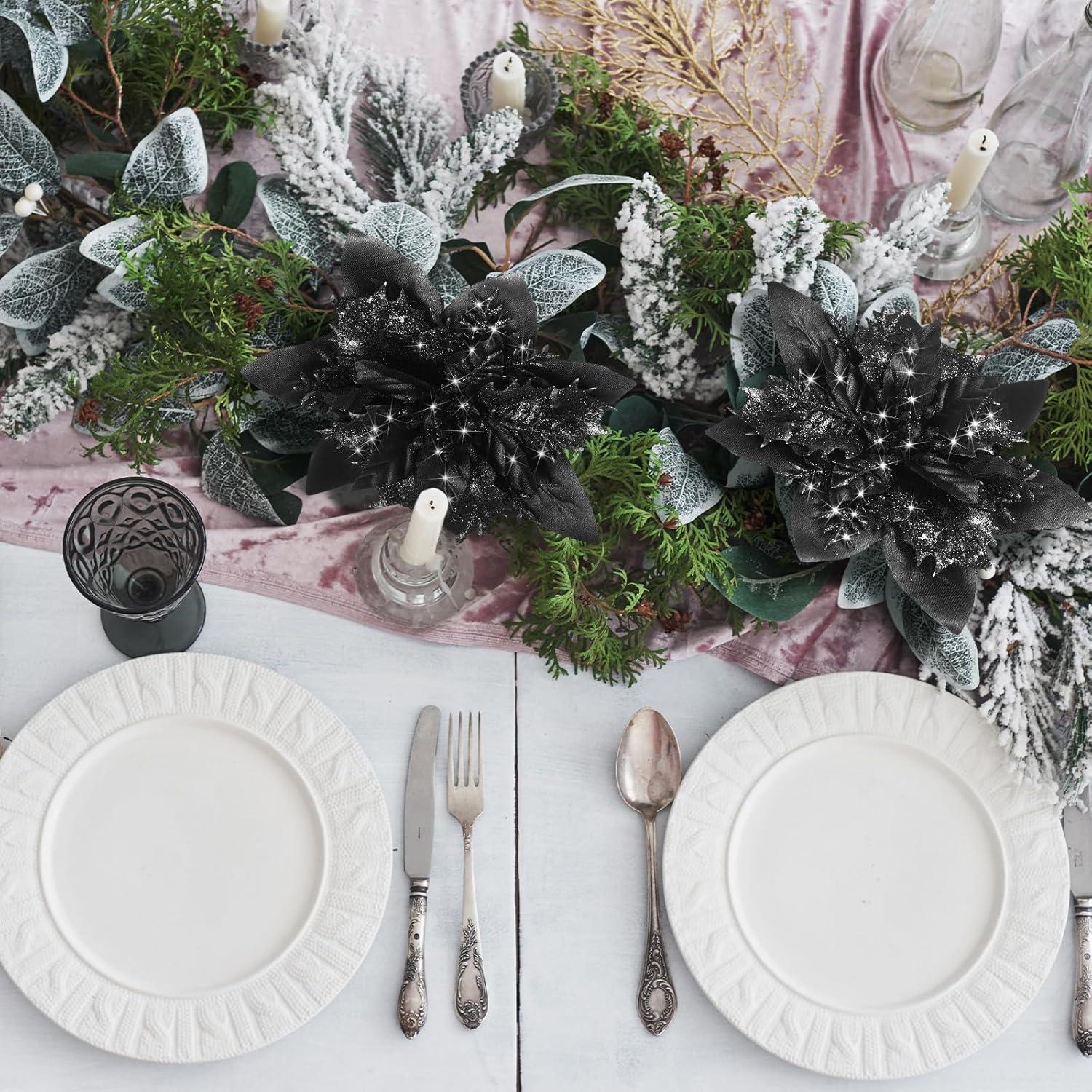 Glitter Christmas Poinsettia Artificial Xmas Flower Ornaments Flowers Decorations with Clips and Stems Glitter Poinsettia Christmas Tree Ornaments for Christmas Wedding (Black,36 Pieces)