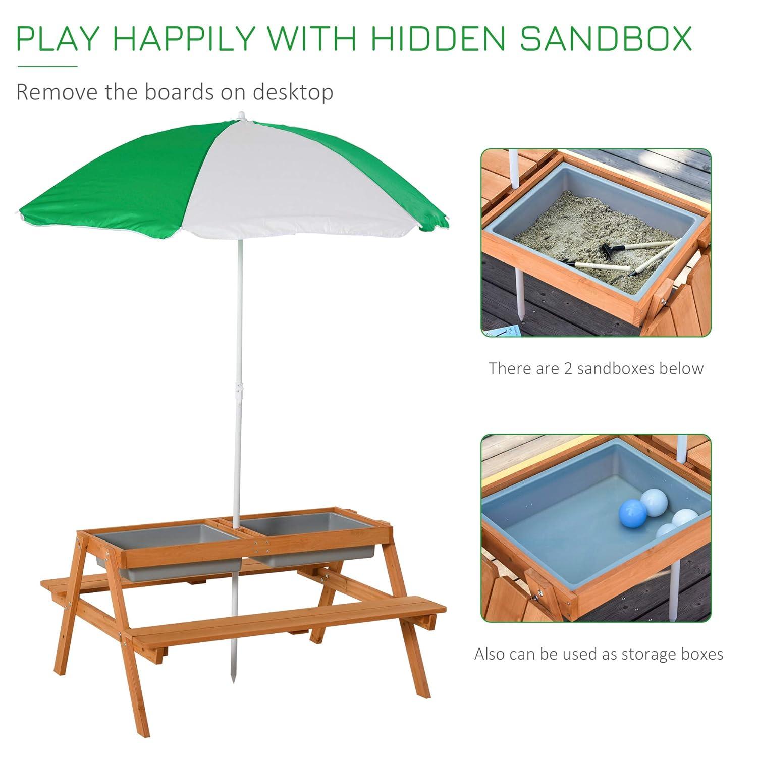 Outsunny Kids Sand & Water Activity Table, Picnic Table Set Wooden Bench with Sandbox Removable & Height Adjustable Umbrella for Outdoor Garden Patio