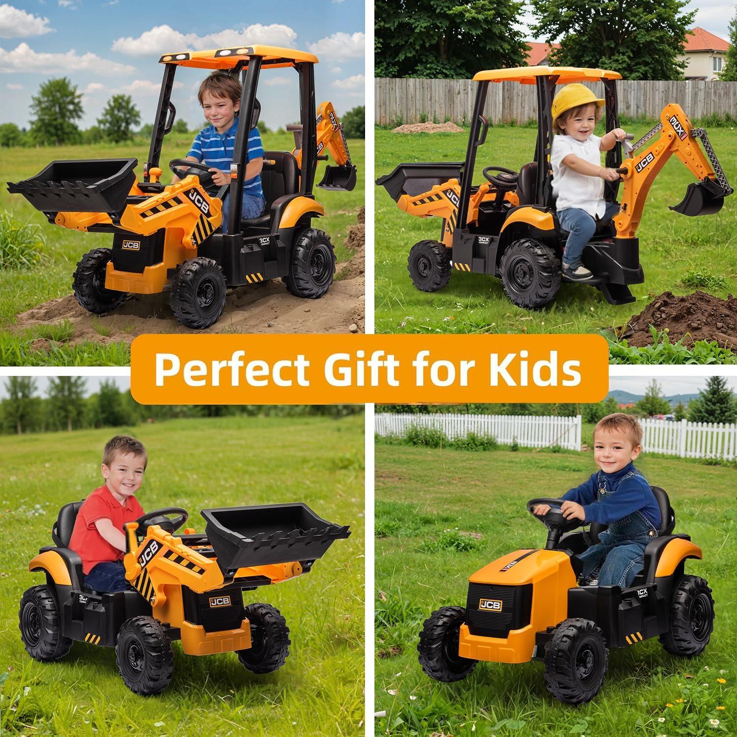 EastVita 12V Ride on Toys Tractor, Kids Ride on Car Toy Excavator Bulldozer, 12V Digger w/Trailer, Shovel Bucket, Digger, Remote Control, EVA Tires, LED Lights, Music, USB