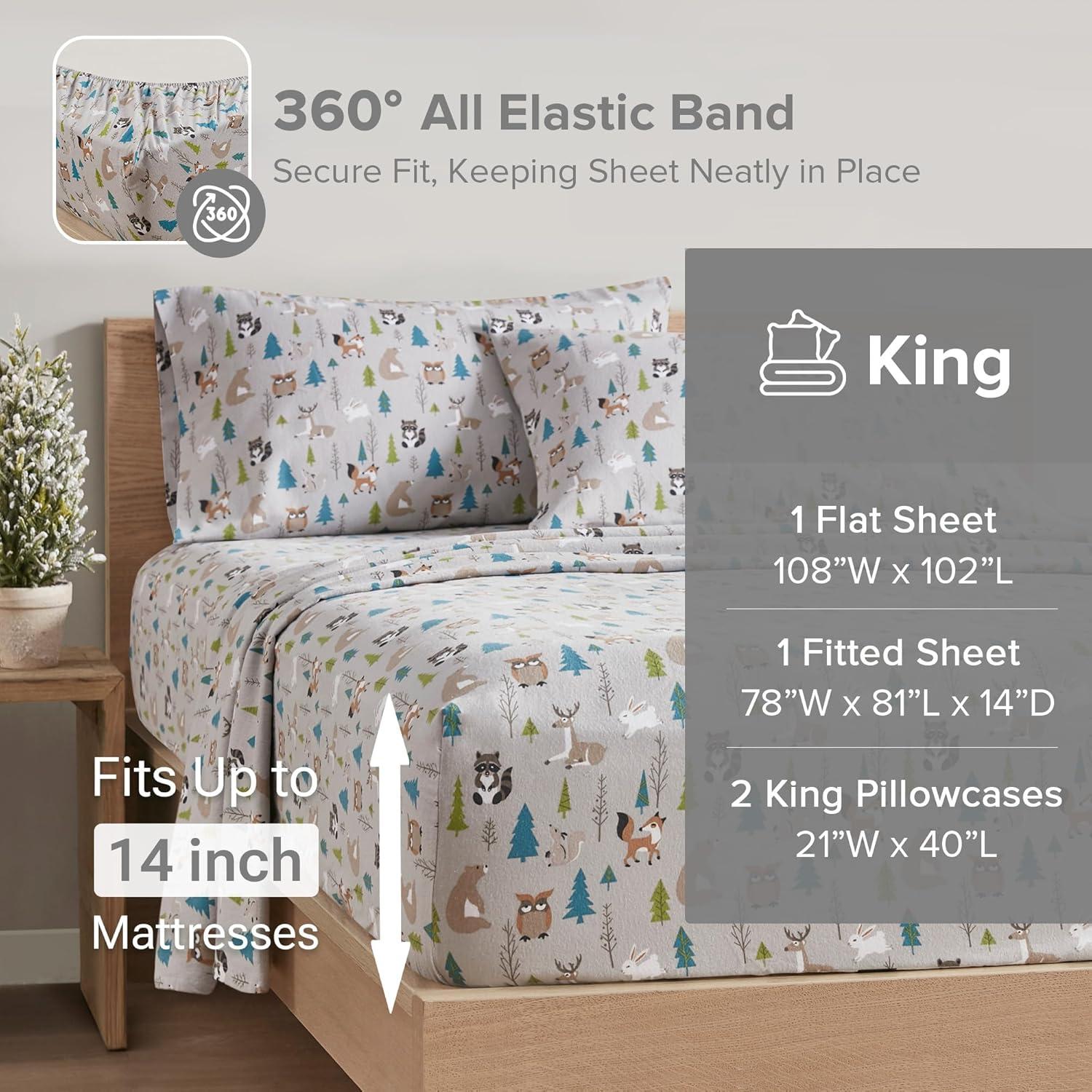 Comfort Spaces King Sheet Set, Flannel Bed Sheets King, 100% Cotton Bed Sheets Set with Deep Pocket, 4-Piece