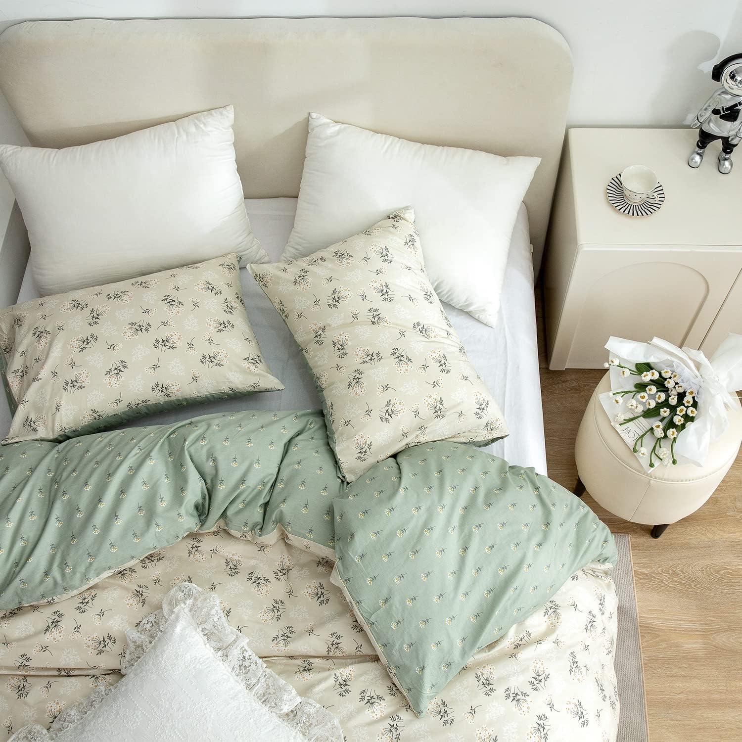 Floral Comforter Set King 3 Pieces Soft Chic Garden Style Green Floral Print Lightweight Botanical Flower Comforter Set for All Seasons 1 Comforter and 2 Pillowcases
