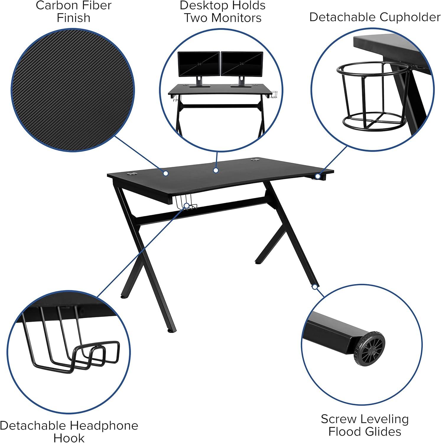 Flash Furniture Black Gaming Desk and Black Footrest Reclining Gaming Chair Set with Cup Holder, Headphone Hook & 2 Wire Management Holes