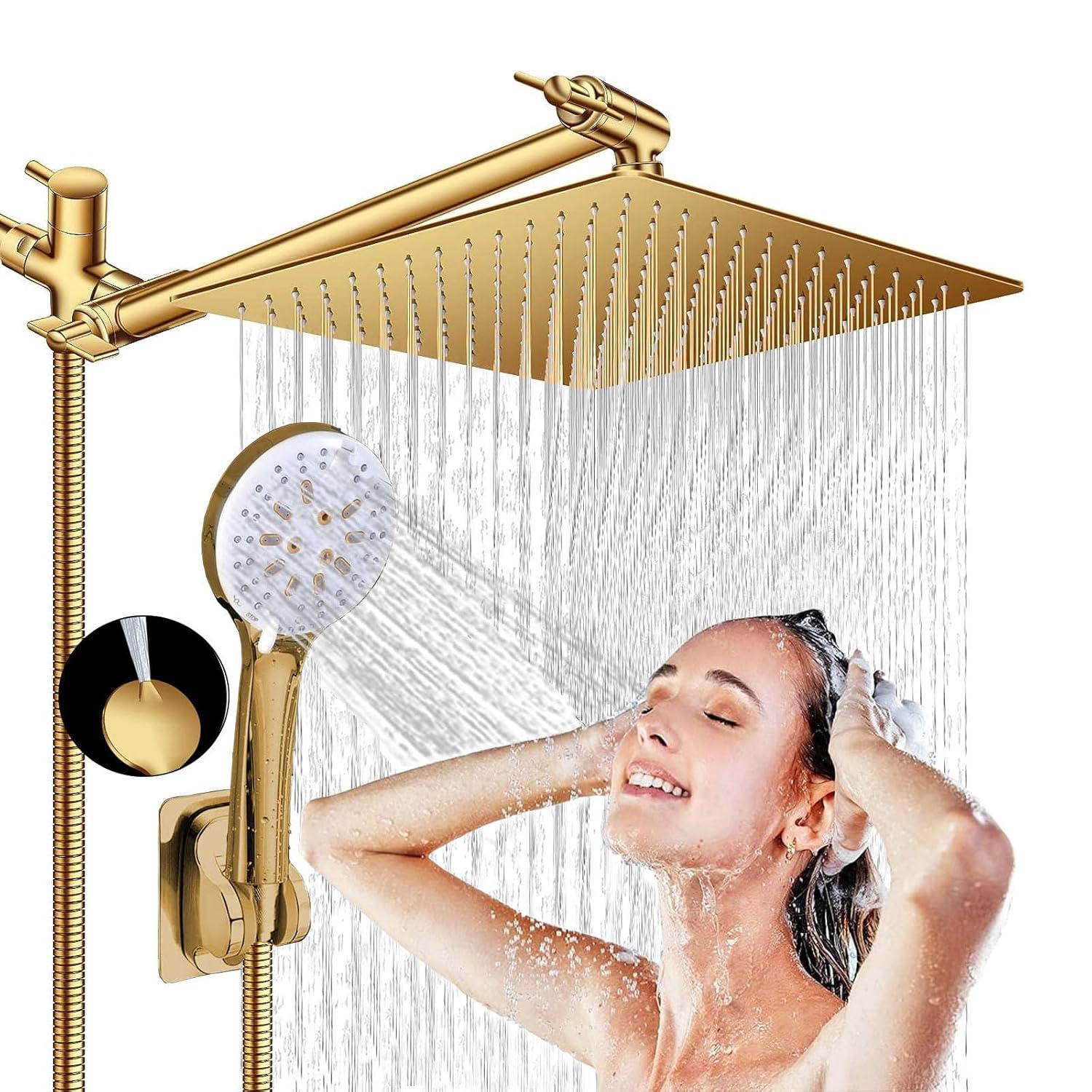 Shower Head, 10" High Pressure Rain shower head with Handheld Spray Combo, 6 Settings Handheld with 78" Anti-leak Hose, 11" Adjustable Extension Arm, Ultra Thin Water Saving, Gold, AWAXFOLO