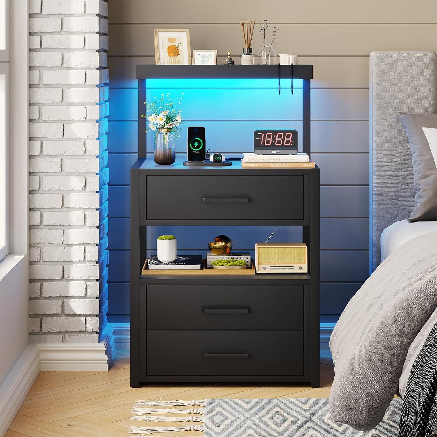 Afuhokles Led Nightstand with Charging Station,2 Drawers Night Stands with Led Lights, Black Bedside Tables with Storage Shelves