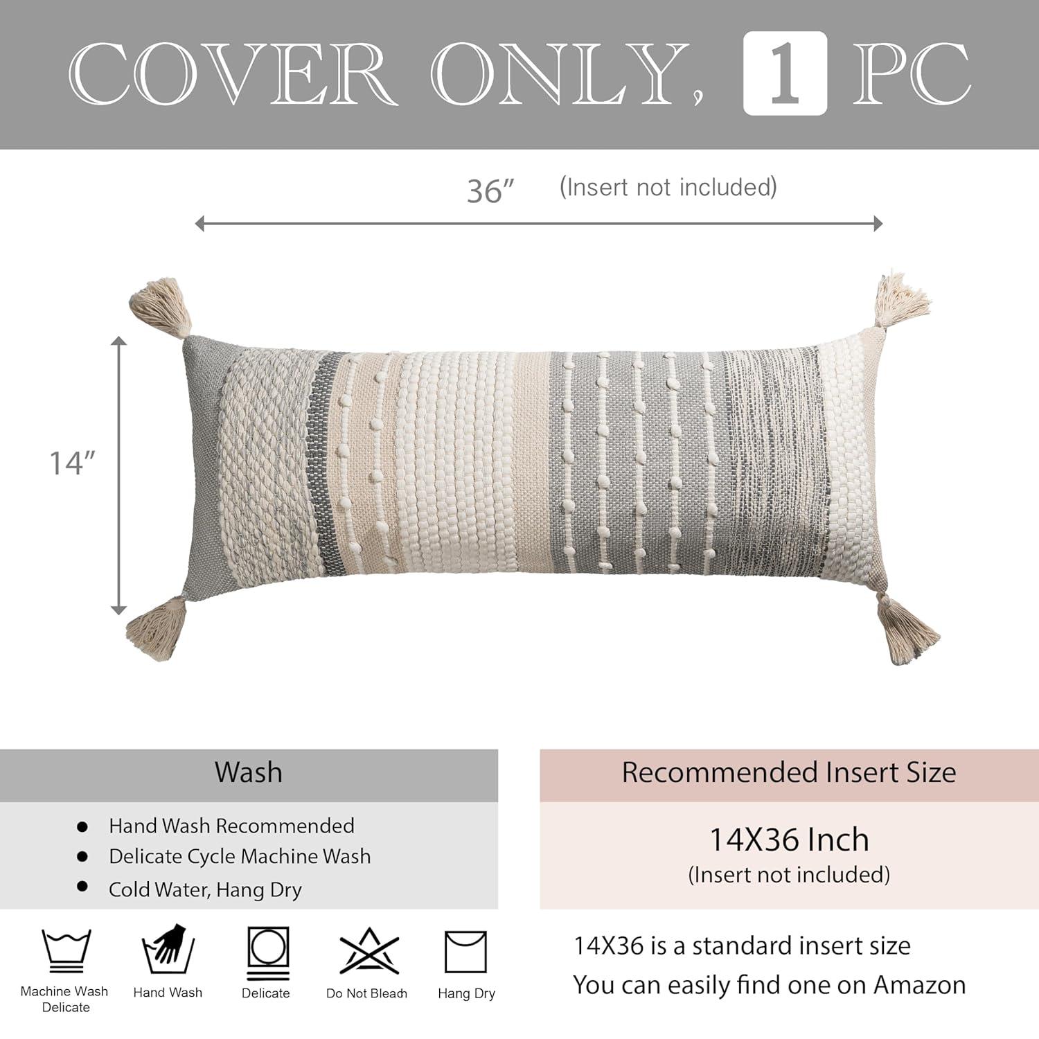 Gray Boho Lumbar Throw Pillow Cover 14x36 Grey Accent Long Body Lumbar Pillow for Bed Decorative Modern Bohemian Woven Textured Lumbar Pillow for Bed Cover ONLY