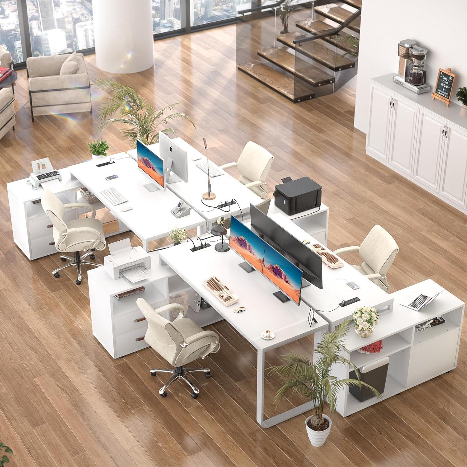 Furmax 55" L-Shaped Corner Computer Desk with File Cabinet, Power Outlet, Home Office Desk with 2 Drawers and 3 Storage Shelve, Workstation Executive Desk with Storage Shelf for Home Office, White