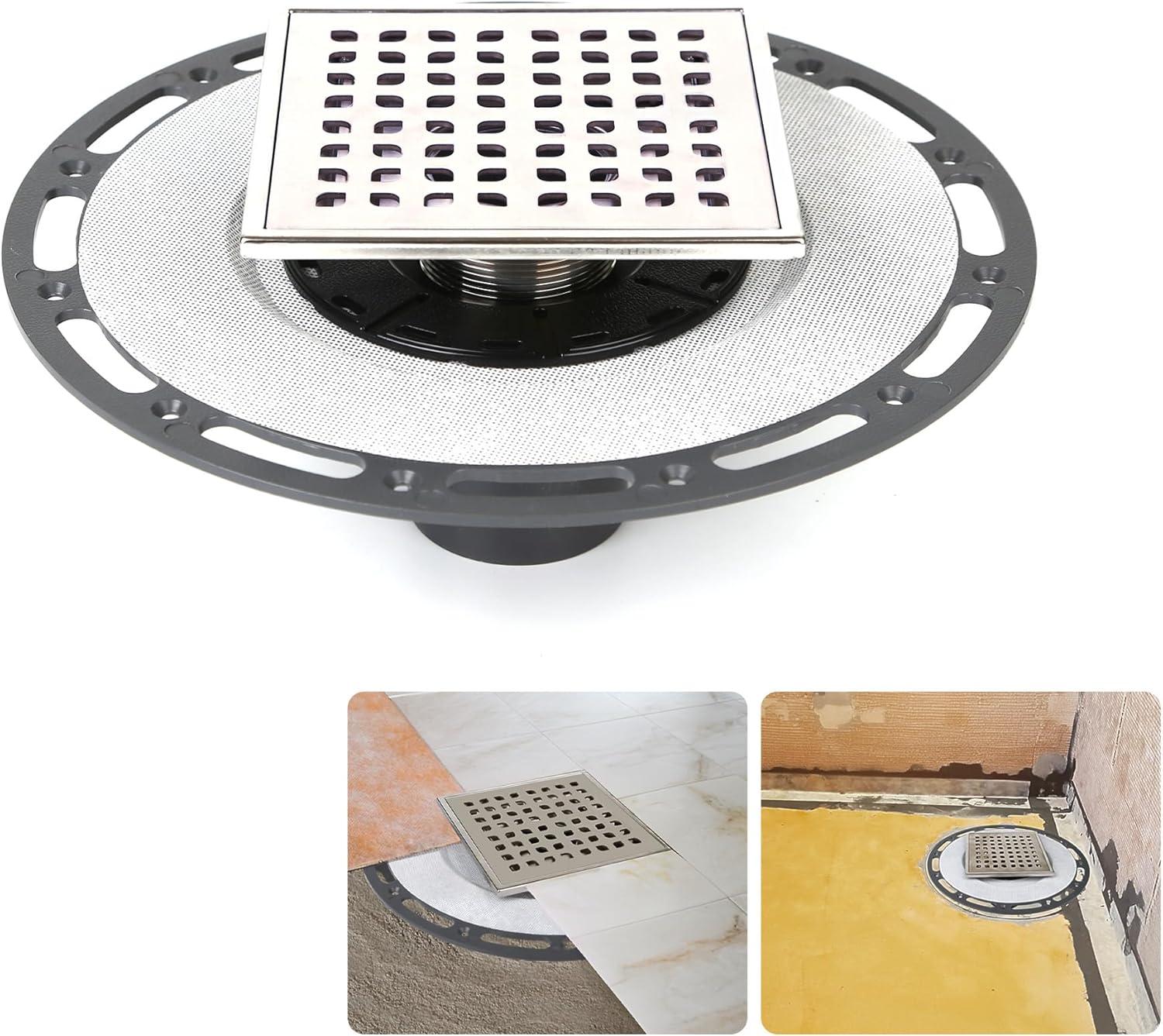 6" Square Brushed Stainless Steel Shower Drain with PVC Flange