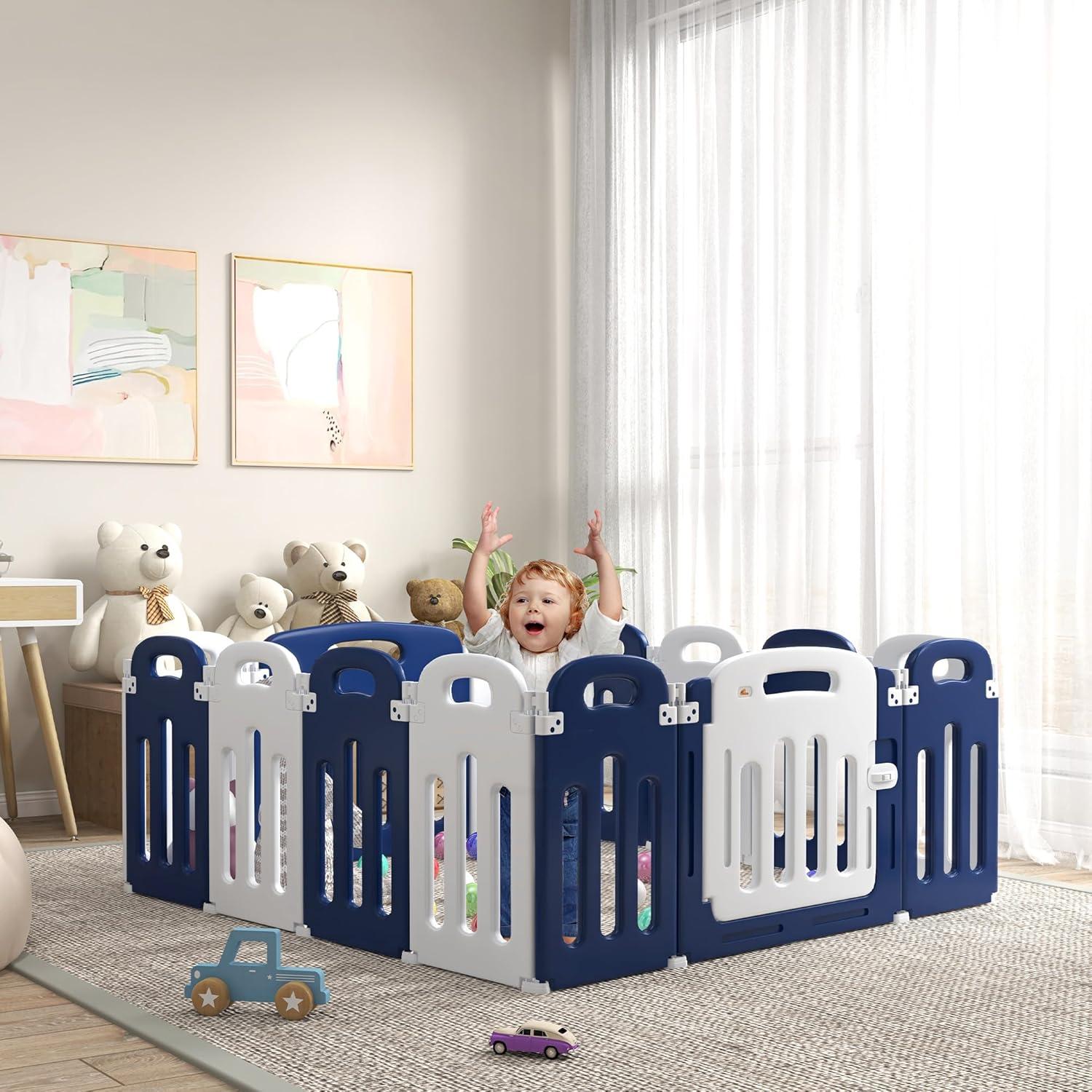 Qaba Baby Playpen, 18 Panels Sturdy Safety Play Yard for Babies and Toddlers, 85" x 57" Foldable Baby Playard, Indoor Outdoor Kids Activity Center with Anti-Slip Base