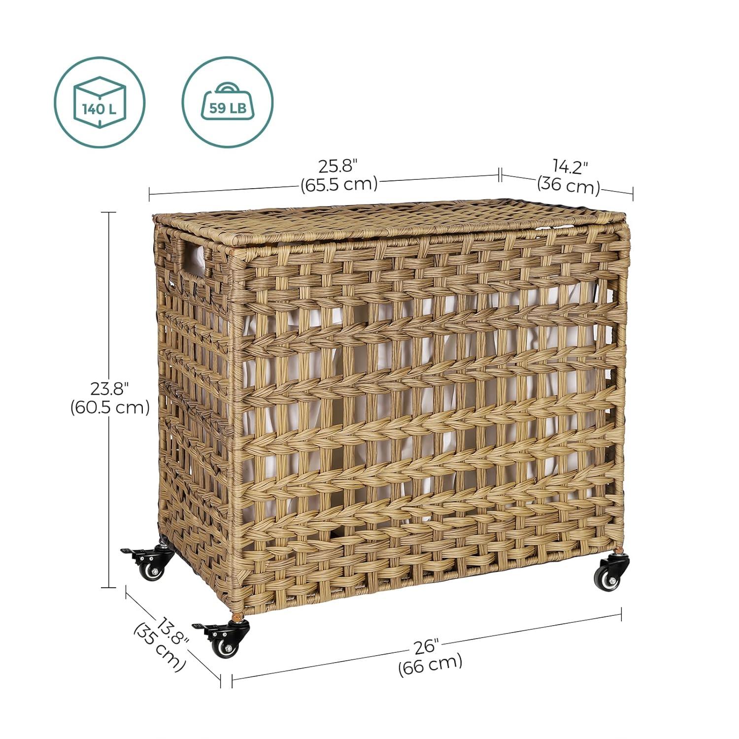 HeiStang Laundry Hamper with Lid, 140L Synthetic Rattan Laundry Basket with Wheels, Clothes Hamper with 3 Removable Liner Bags, 3-Section Hampers with Handles, Laundry Room, Natural ULCB083N01