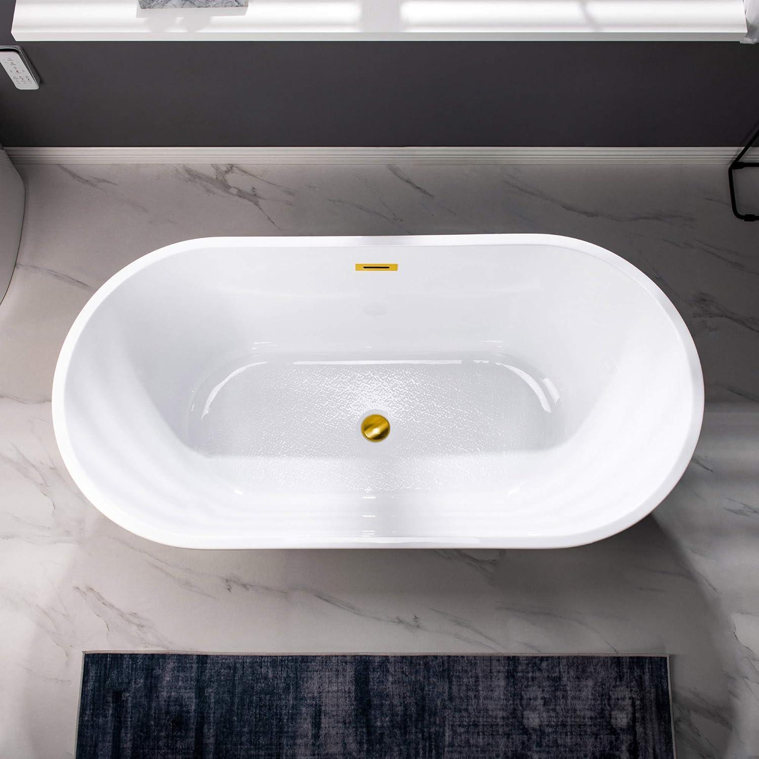 WOODBRIDGE 54" Acrylic Freestanding Bathtub Contemporary Soaking White Tub with Brushed Gold Overflow and Drain,B1702-BG