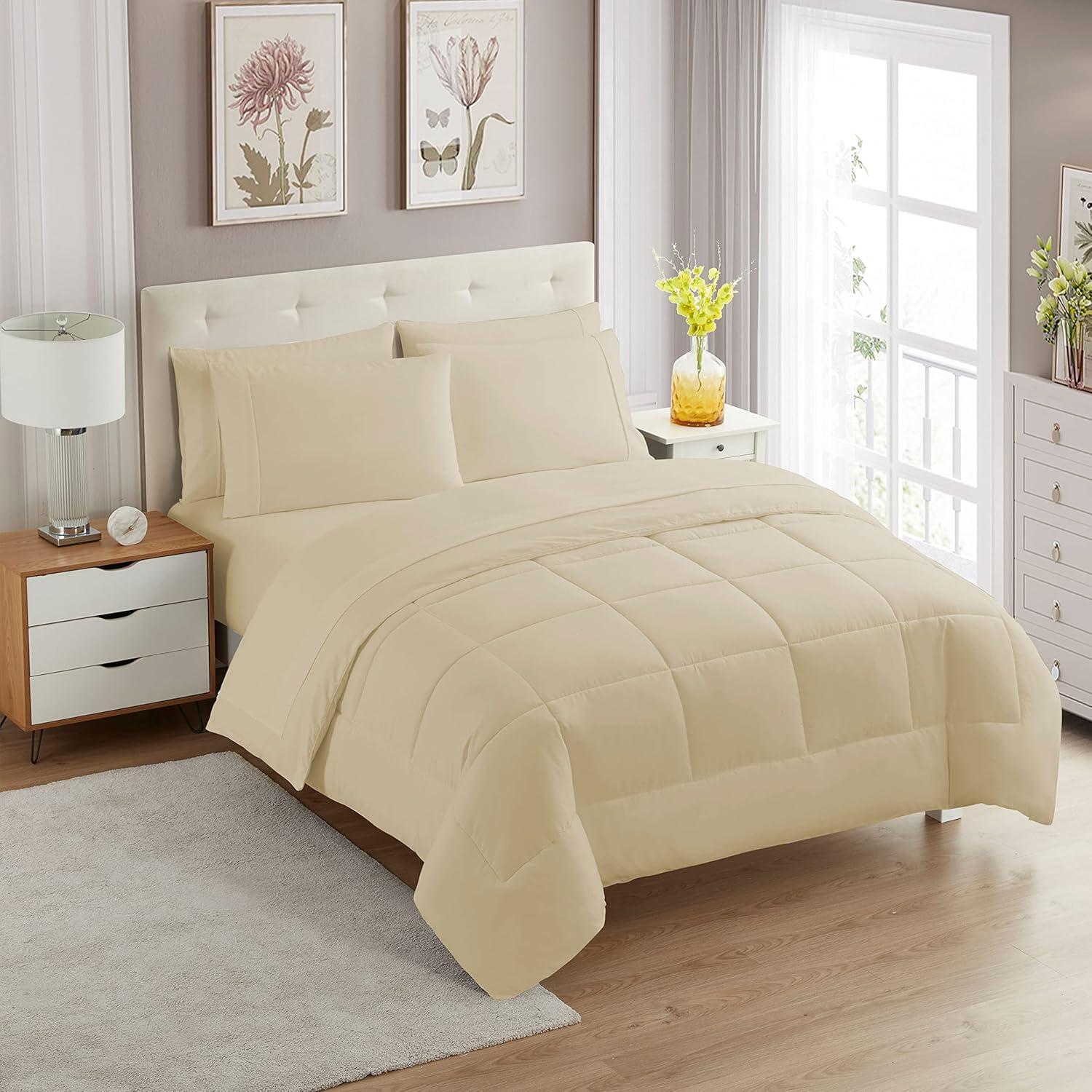 Bed-in-A-Bag Solid Color Comforter & Sheet Set Soft All Season Bedding, Queen, Beige