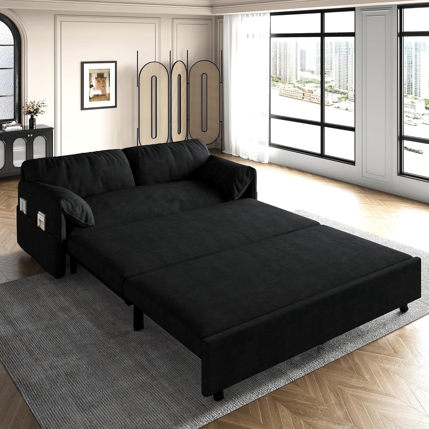 Tabaray 63.8" Futon Sofa Bed Queen Size, Pull Out Bed, 3-in-1 Convertible Sleeper Sofa with Side Pocket, Modern Plush Velvet Futon Couch for Living Room, Small Space, Apartment, Bedroom, Black