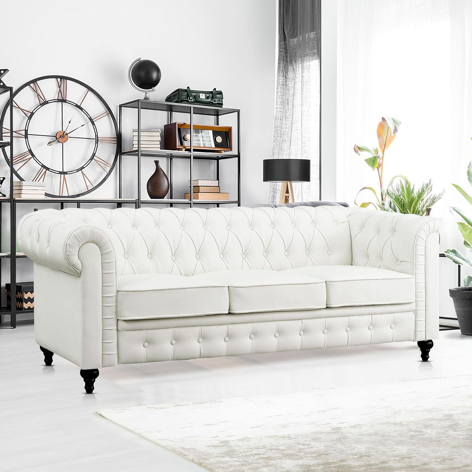Emery Chesterfield Sofa, Luxurious Comfort for Cozy Living Rooms, Mid-Century Modern couch, Elegance & Serenity, 3-Seater Sofa White,PU