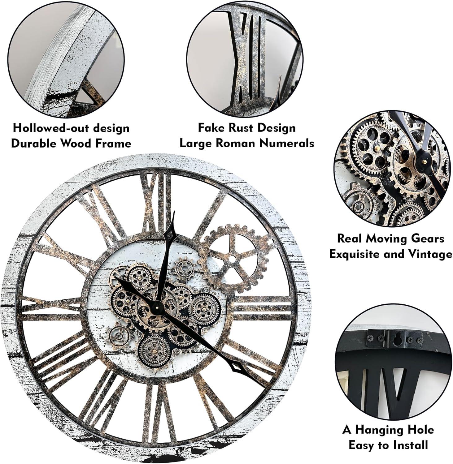 THE GEARS CLOCK Wall Clock with Real Moving Gears AM-LI_ 36 in Round White-Farmhouse