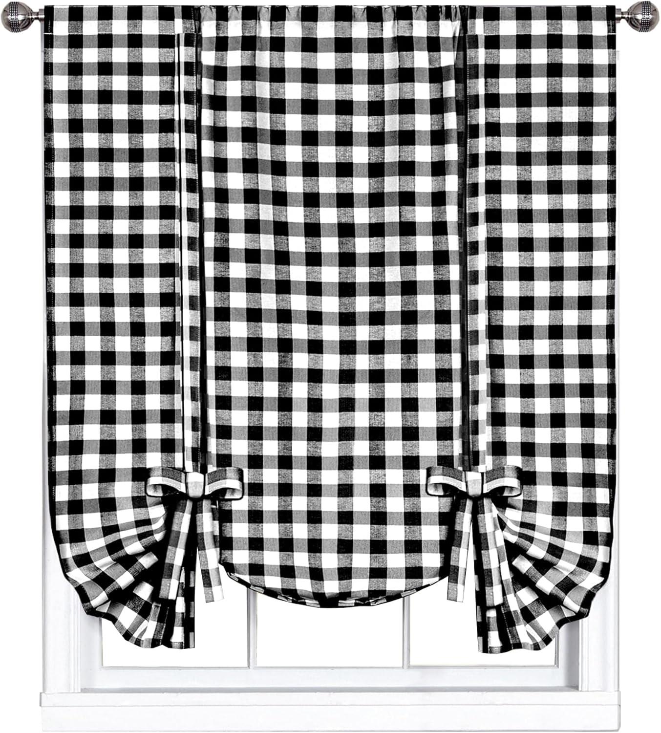 Buffalo Black Plaid Modern Window Curtain Panel : 42" x 63" Tie Up Shade - Single
