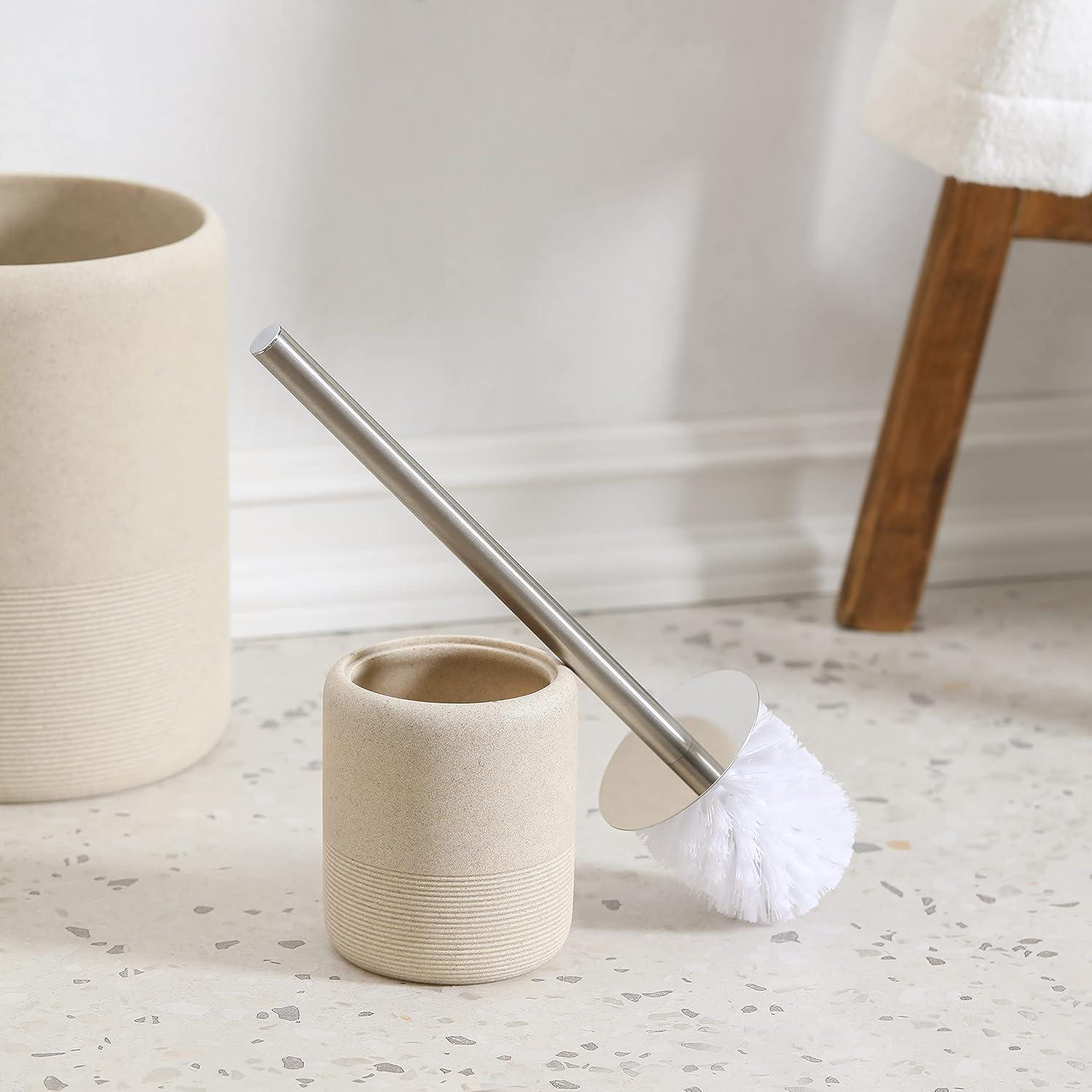 Beige Oval Ceramic Toilet Brush and Holder Set